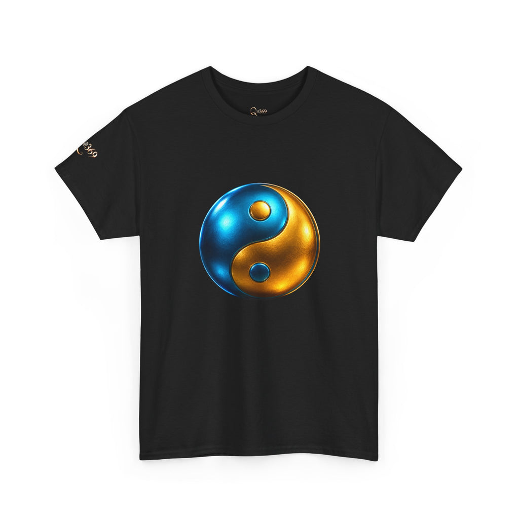 Yin Yang Metallic Graphic Tee — Blue & Gold Balance T-Shirt