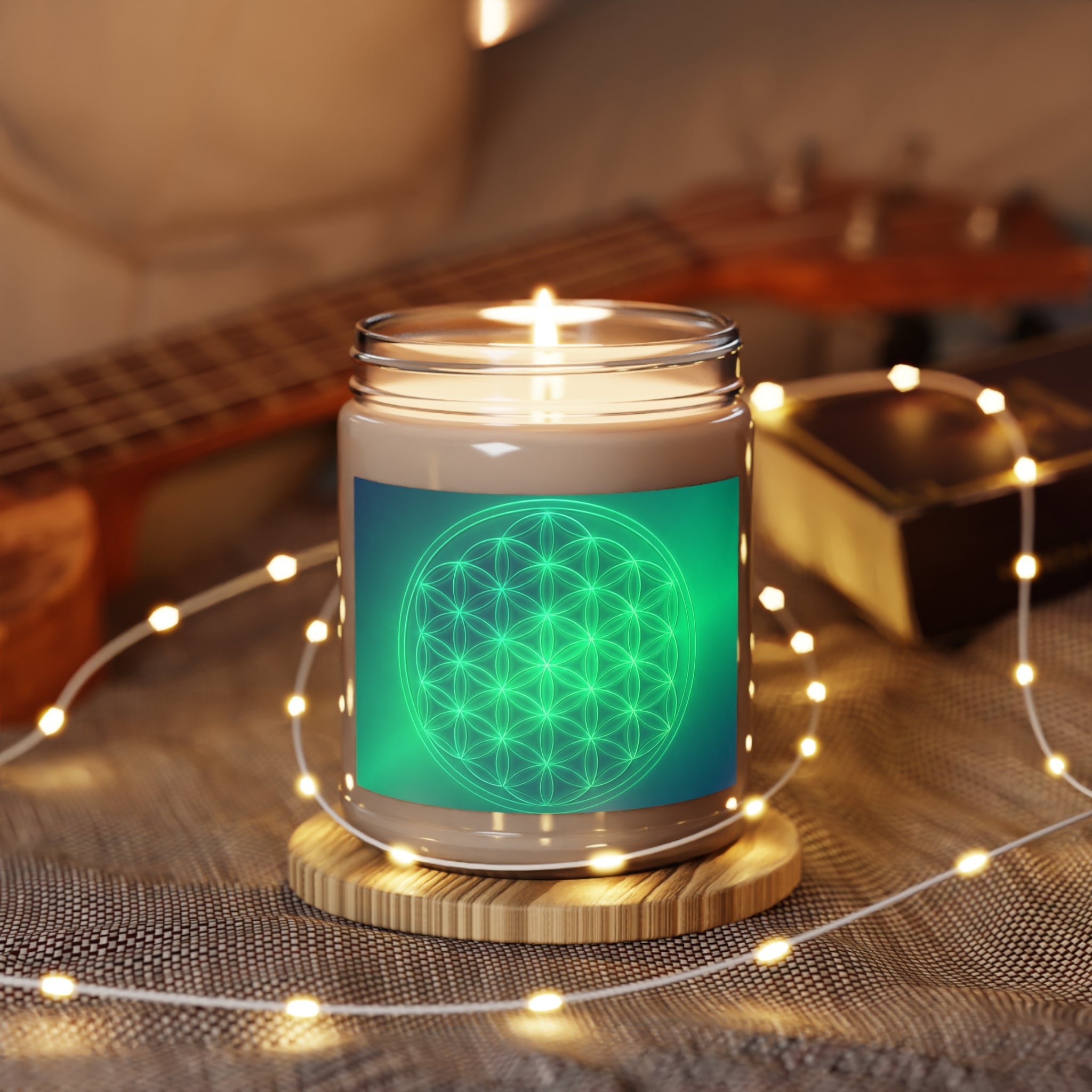 Green Flower of Life Soy Candle — 9 oz Scented Jar with White Lid