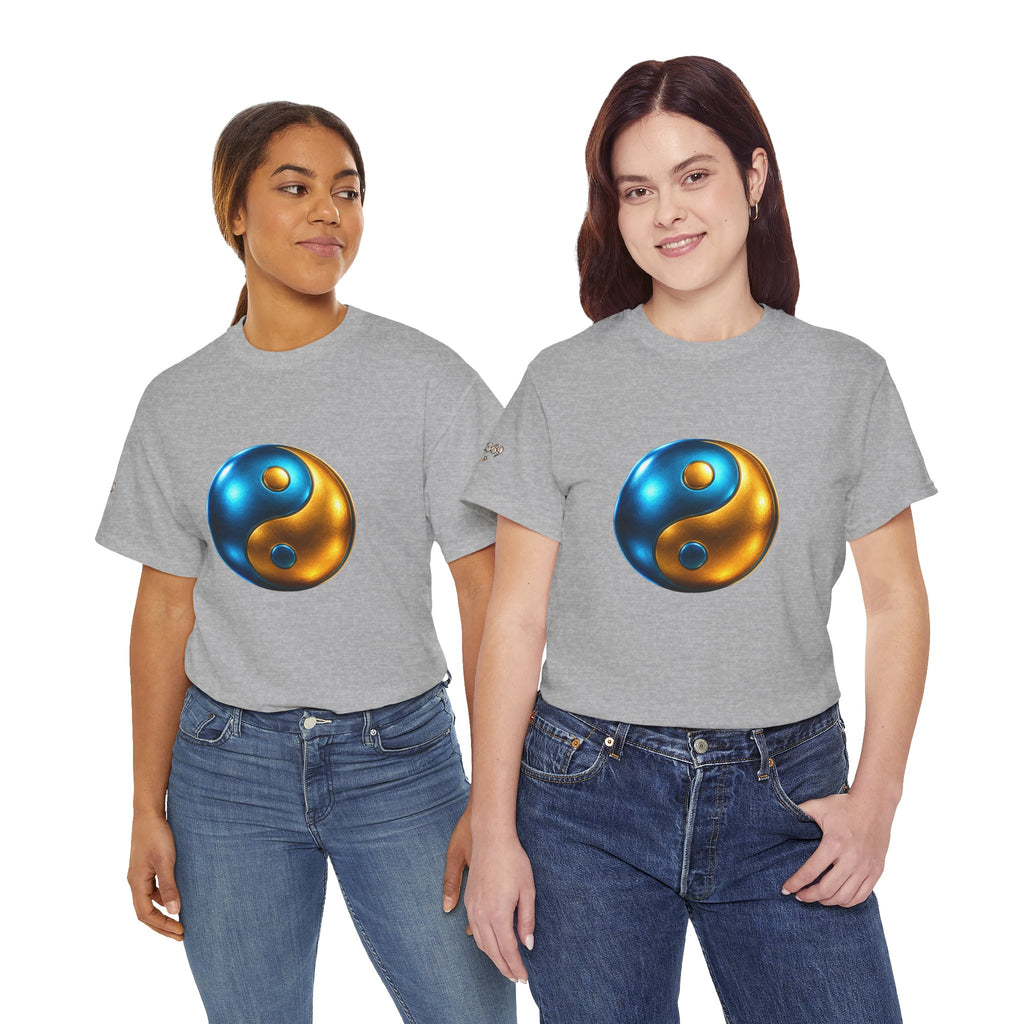 Yin Yang Metallic Graphic Tee — Blue & Gold Balance T-Shirt