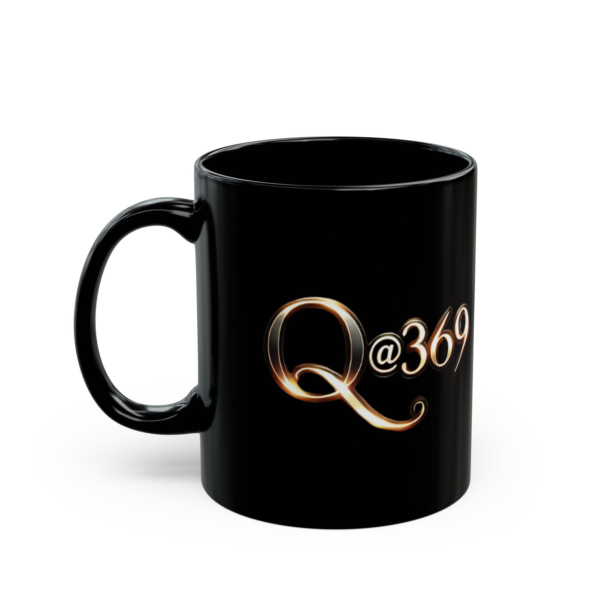 Q@369 Black Ceramic Mug — Elegant Gold Script Coffee Cup (11oz & 15oz)