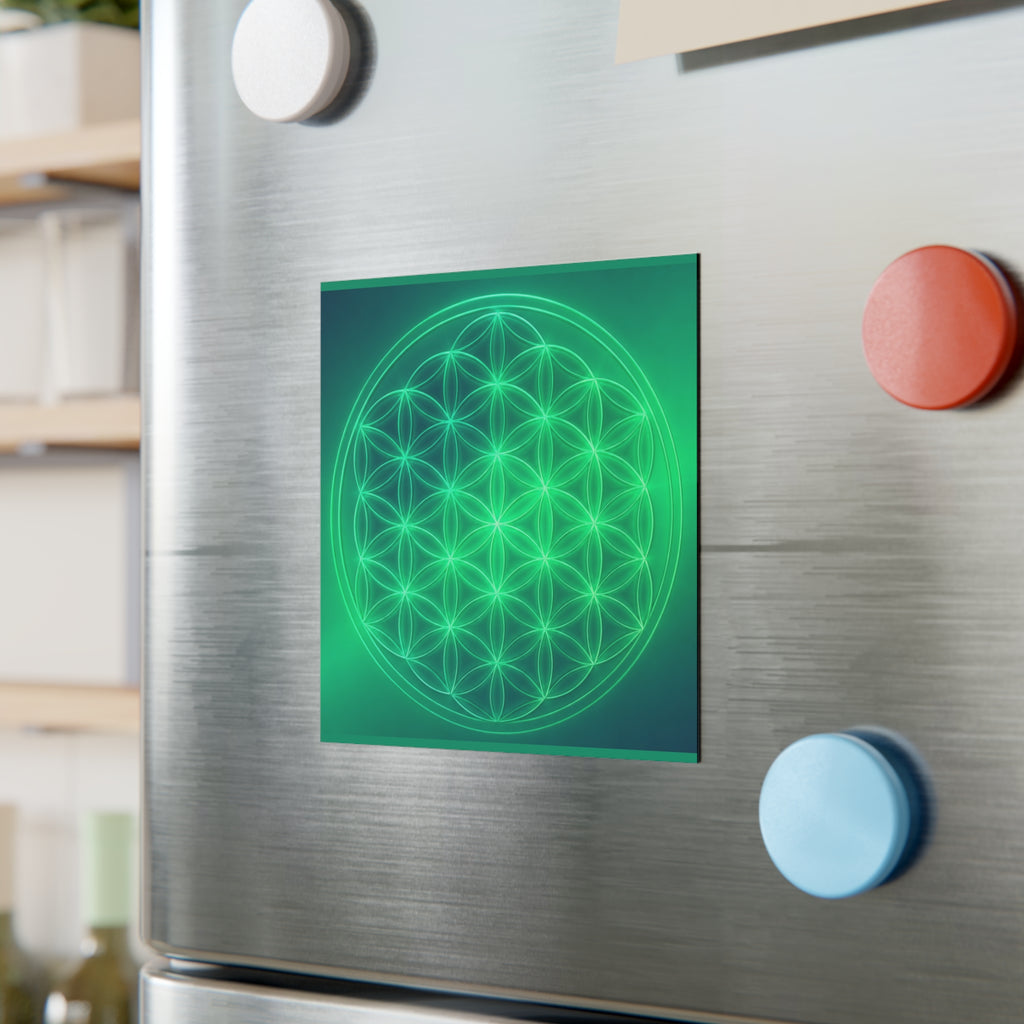Flower of Life Green Square Magnet — Sacred Geometry Refrigerator Magnet