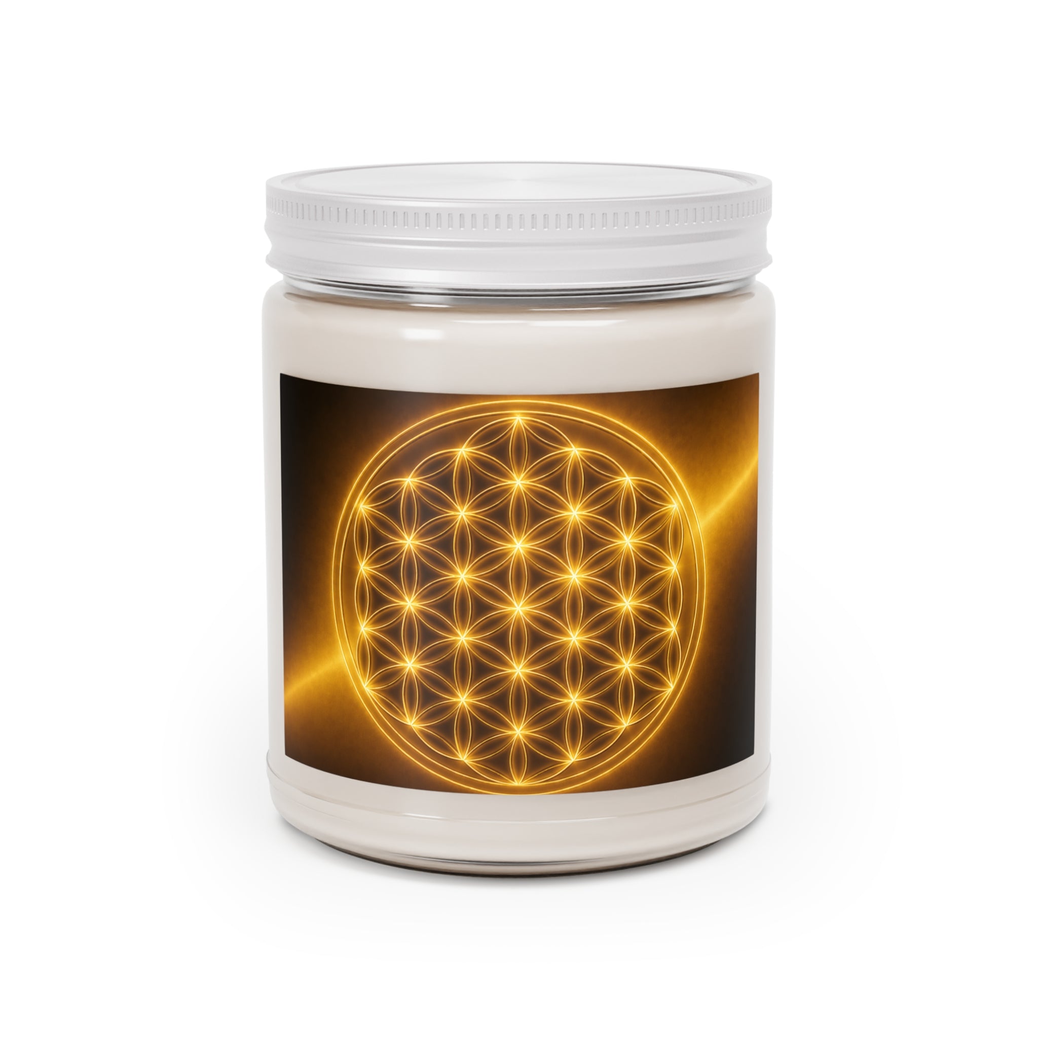 Golden Flower of Life Soy Candle — 9oz Scented Jar with White Lid