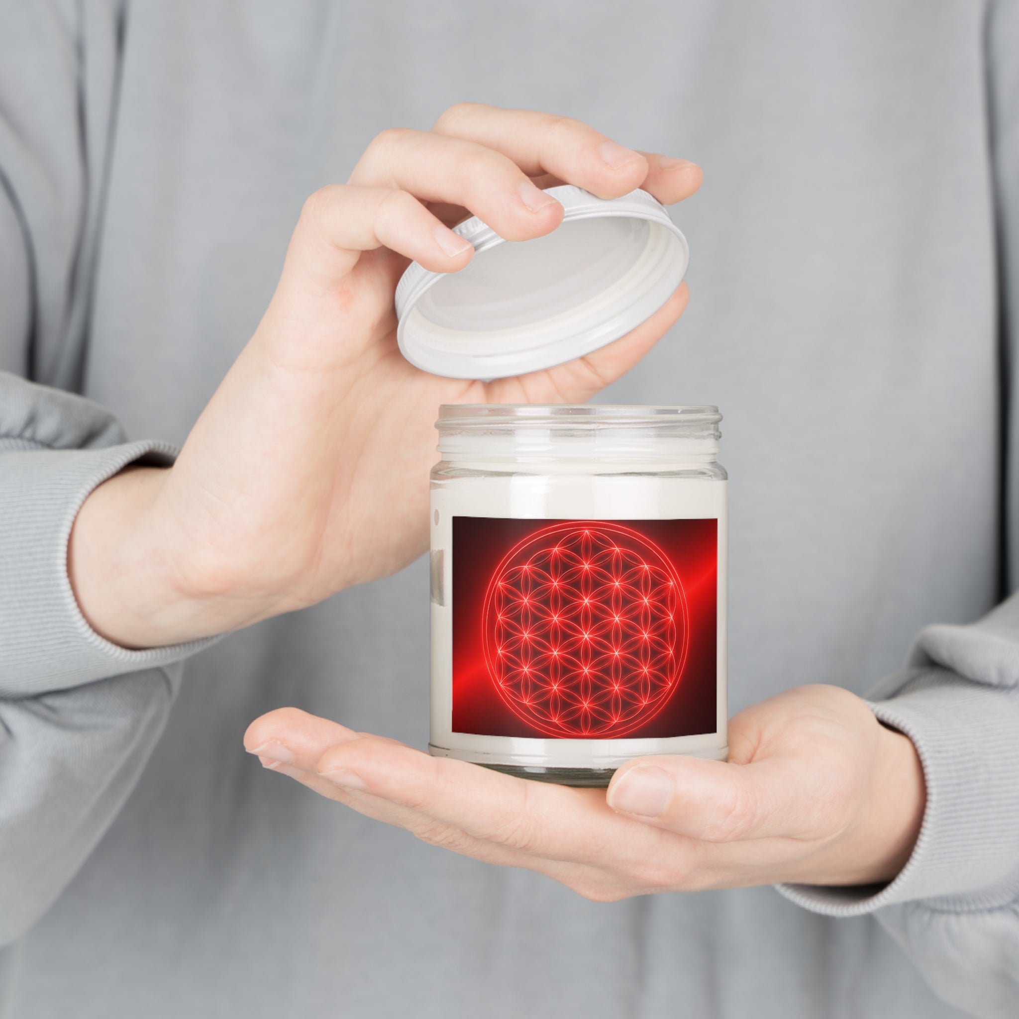 Red Geometric Flower of Life Soy Candle — 9oz Scented Jar with White Lid