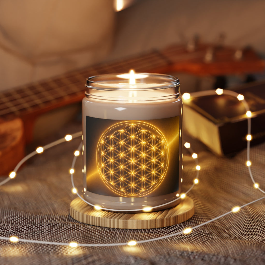 Golden Flower of Life Soy Candle — 9oz Scented Jar with White Lid