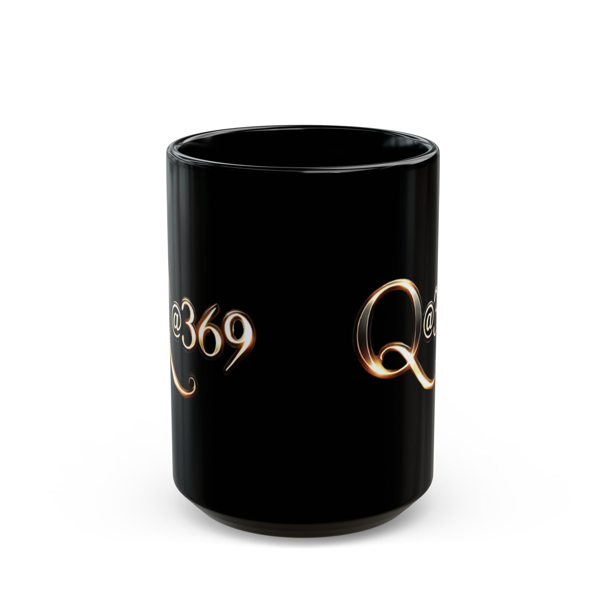 Q@369 Black Ceramic Mug — Elegant Gold Script Coffee Cup (11oz & 15oz)