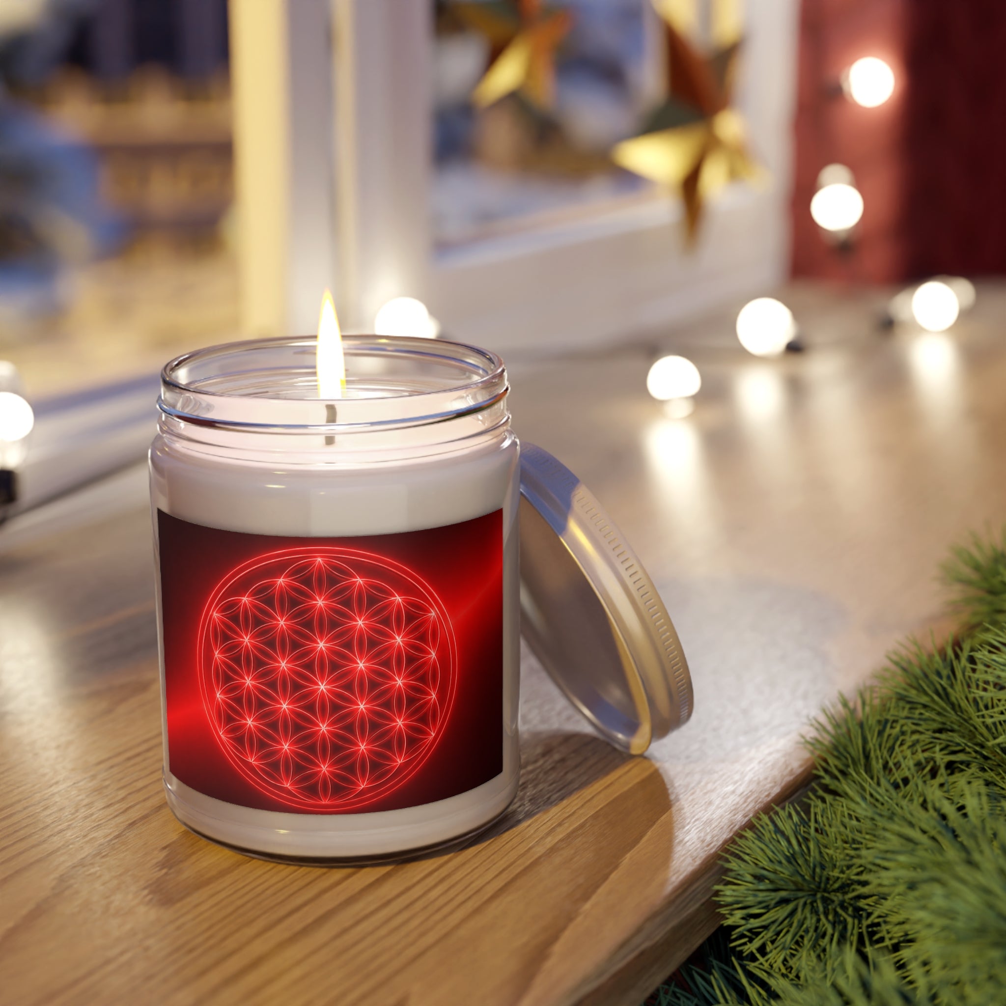 Red Geometric Flower of Life Soy Candle — 9oz Scented Jar with White Lid