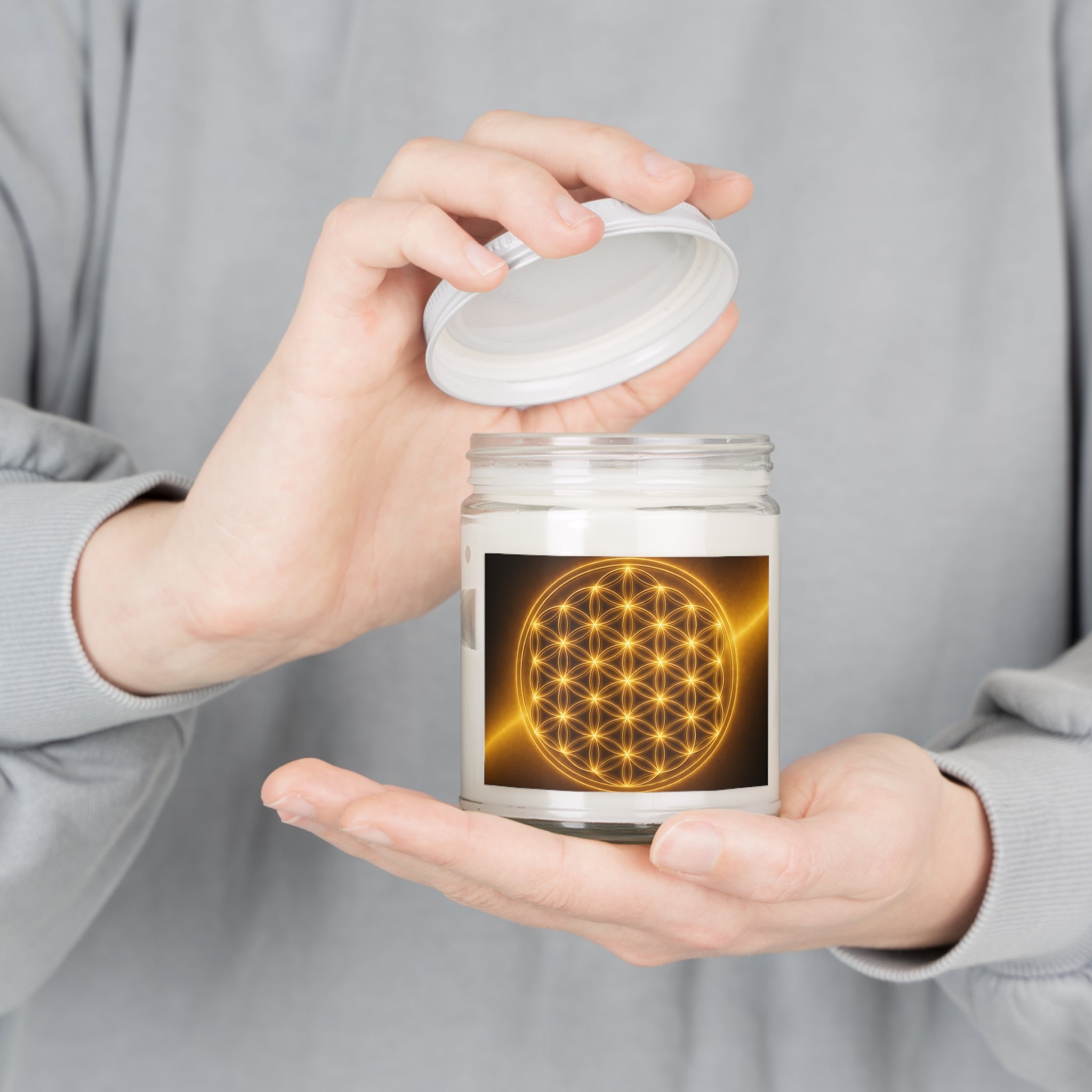 Golden Flower of Life Soy Candle — 9oz Scented Jar with White Lid