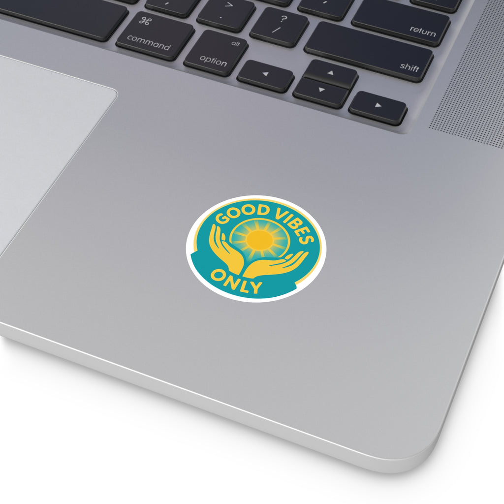 Good Vibes Only Round Sticker — Sun & Hands Positive Vinyl Decal (Indoor/Outdoor)