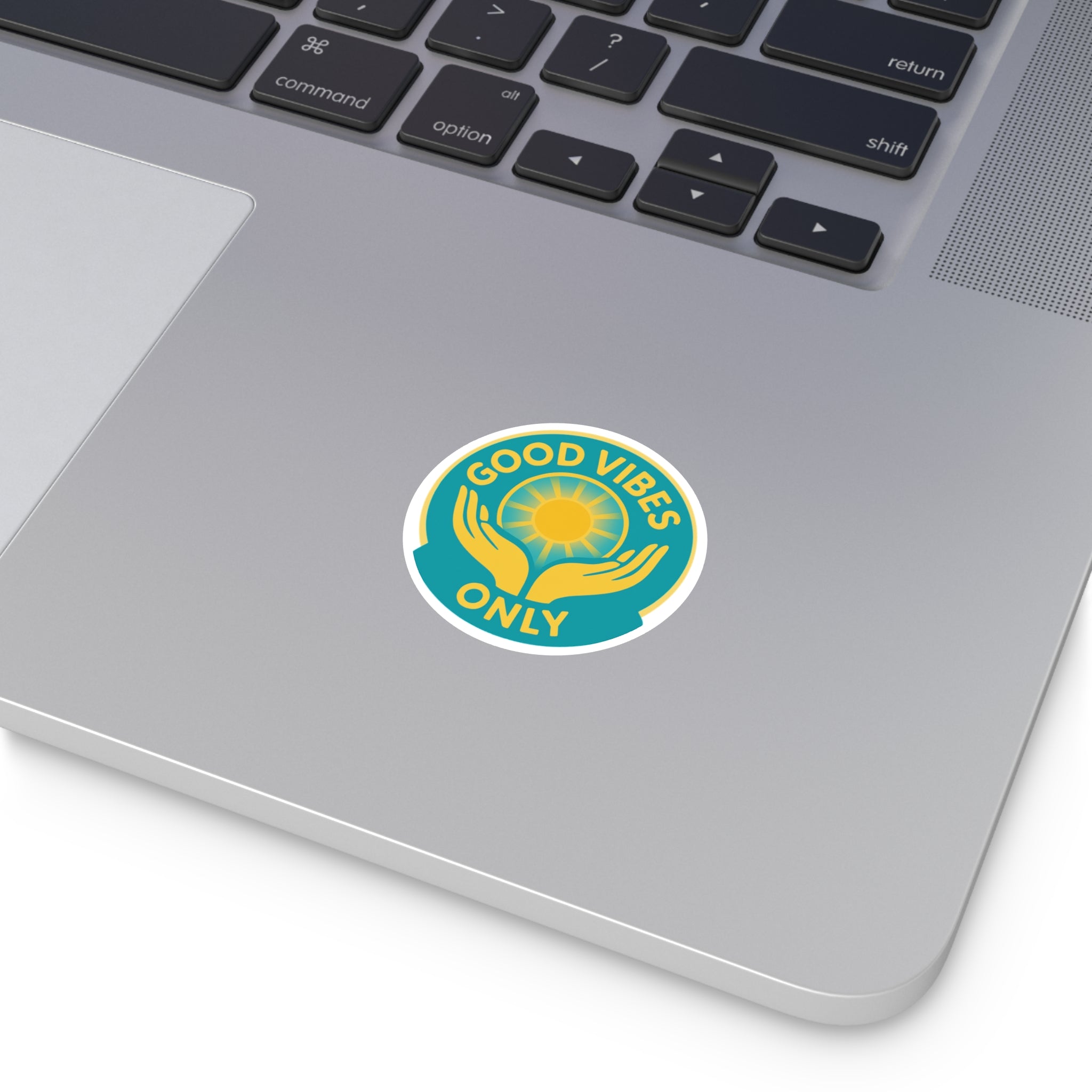 Good Vibes Only Round Sticker — Sun & Hands Positive Vinyl Decal (Indoor/Outdoor)