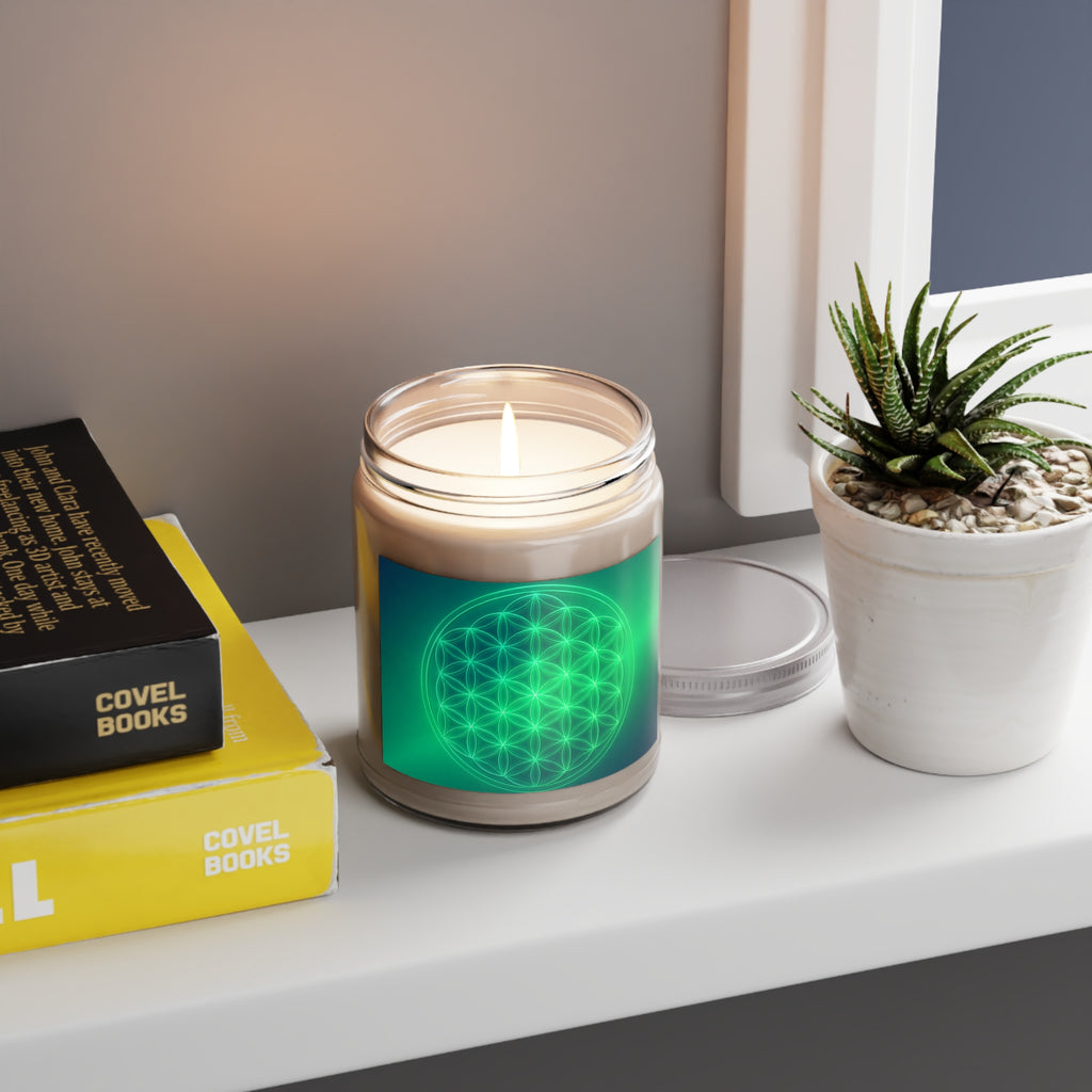 Green Flower of Life Soy Candle — 9 oz Scented Jar with White Lid