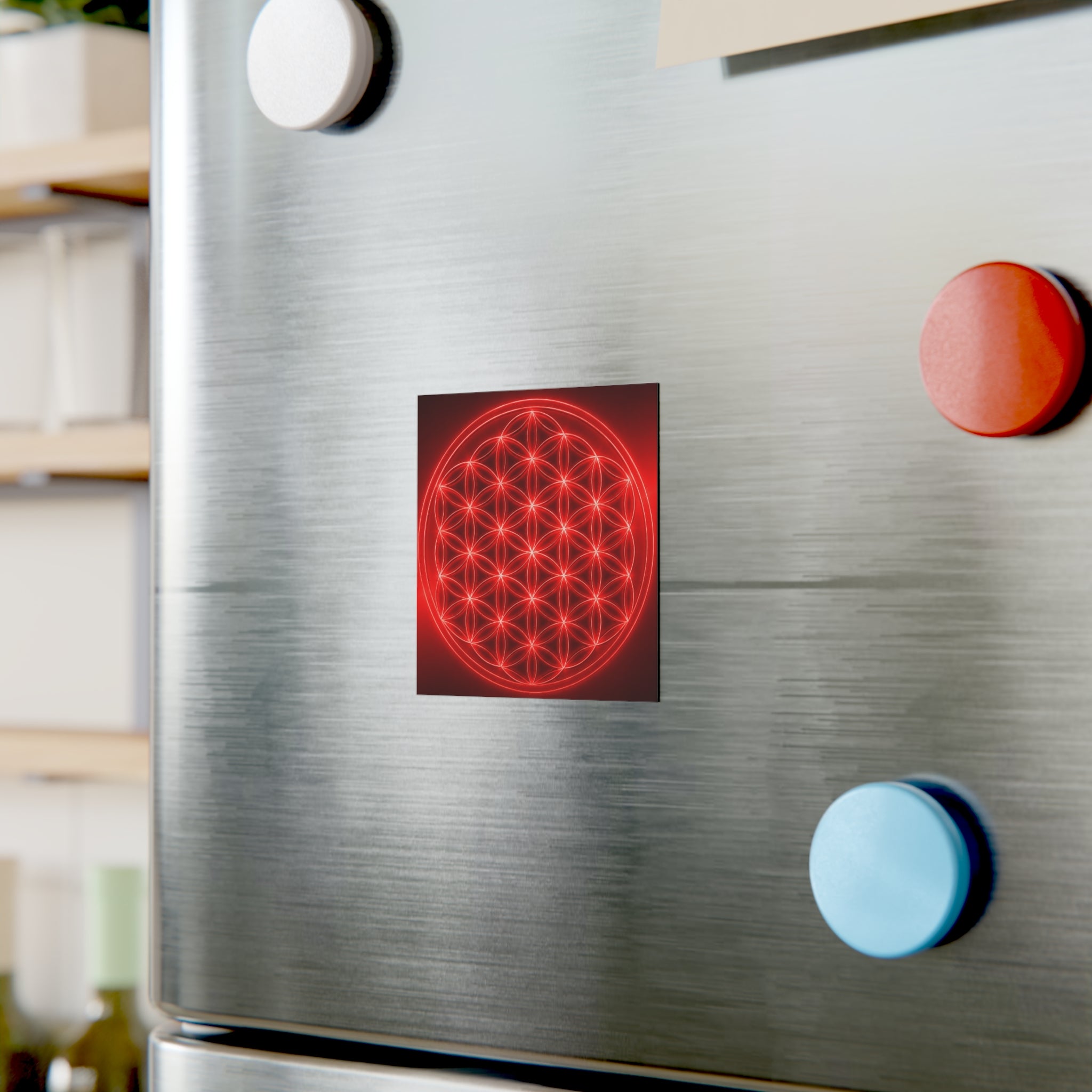 Red Neon Flower of Life Square Magnet — Spiritual Geometry Fridge Magnet