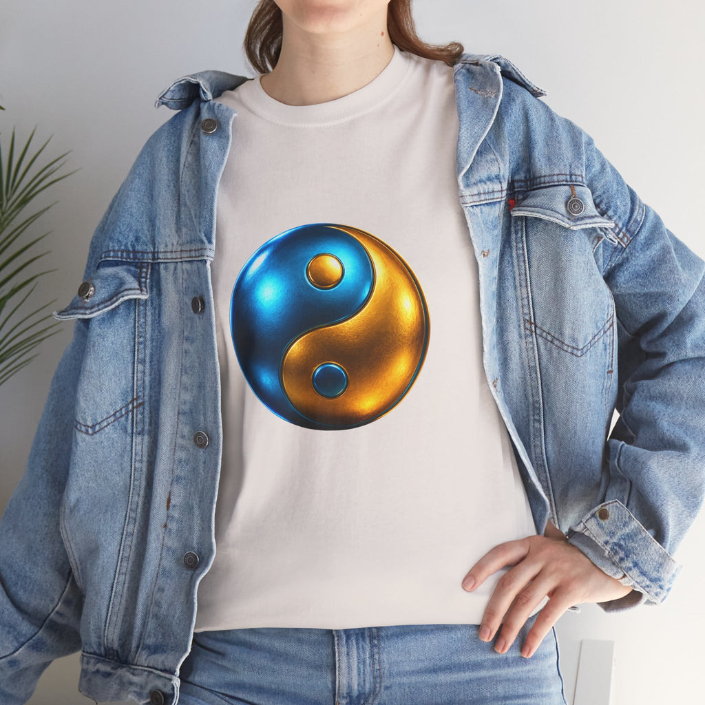 Yin Yang Metallic Graphic Tee — Blue & Gold Balance T-Shirt