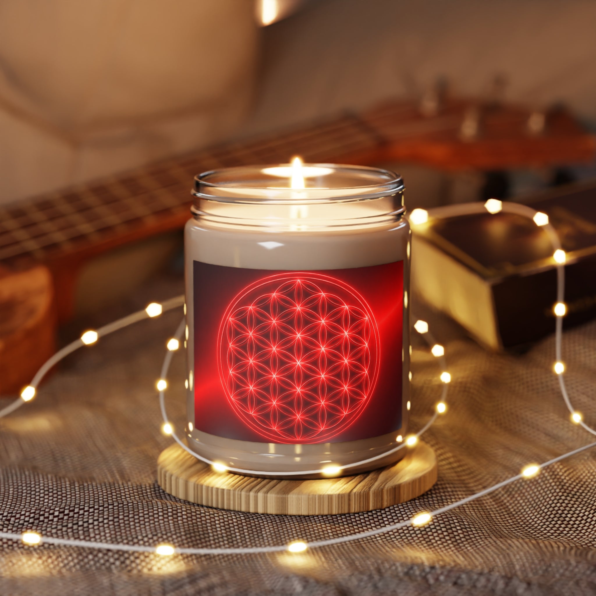 Red Geometric Flower of Life Soy Candle — 9oz Scented Jar with White Lid