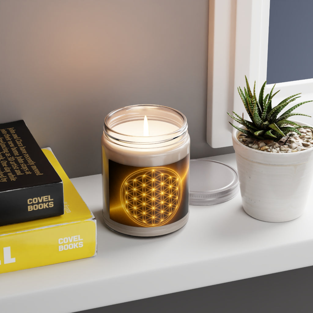 Golden Flower of Life Soy Candle — 9oz Scented Jar with White Lid
