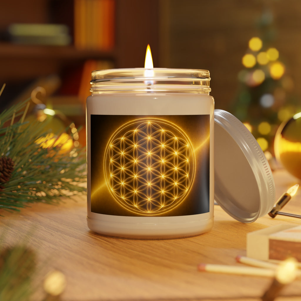 Golden Flower of Life Soy Candle — 9oz Scented Jar with White Lid