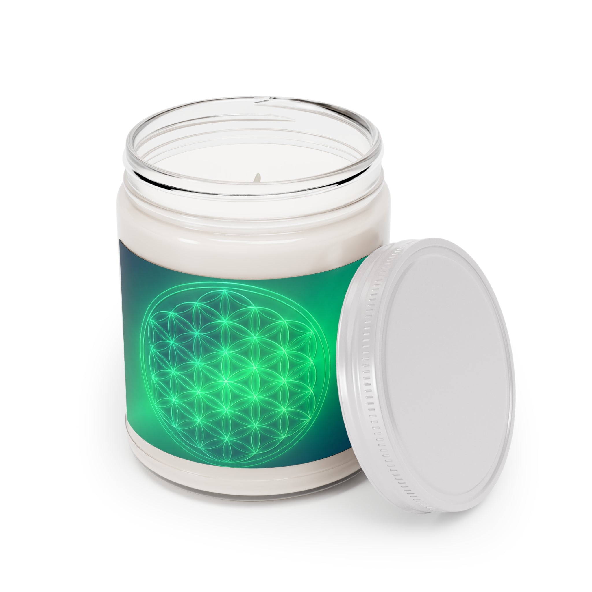 Green Flower of Life Soy Candle — 9 oz Scented Jar with White Lid