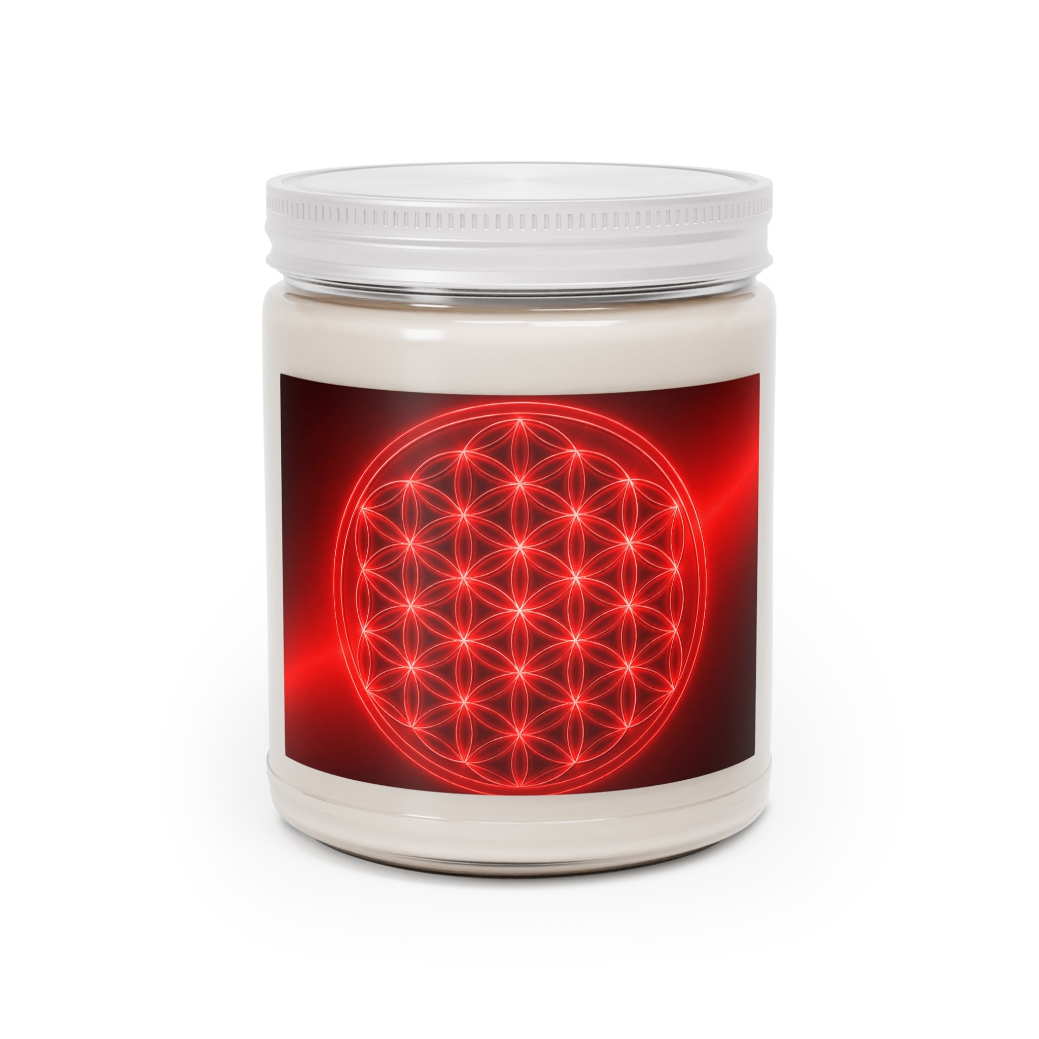 Red Geometric Flower of Life Soy Candle — 9oz Scented Jar with White Lid