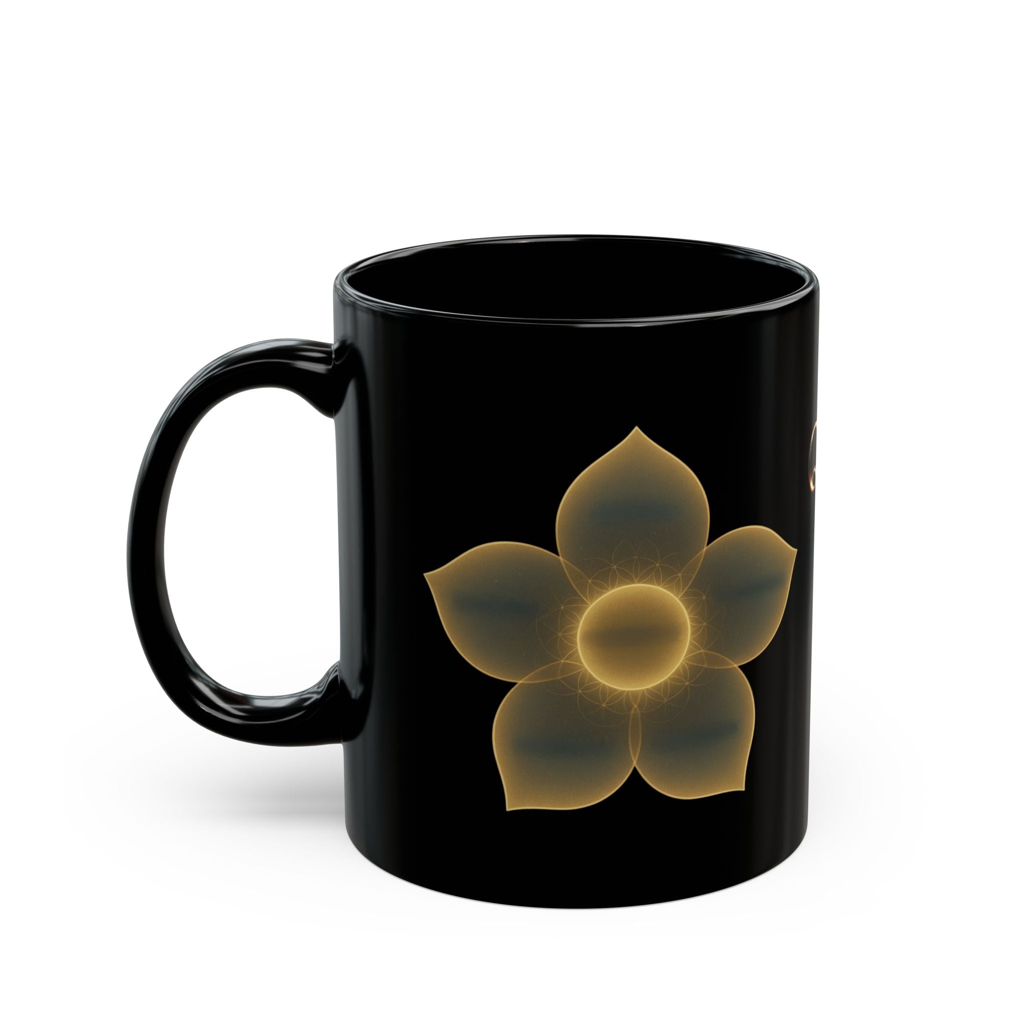 Black Ceramic Mug — Golden Floral Glow "Q@369" Design 11oz