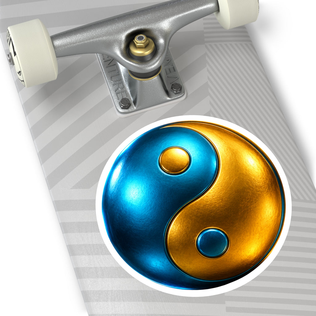 Metallic Blue & Gold Yin Yang Round Sticker — Indoor/Outdoor Vinyl