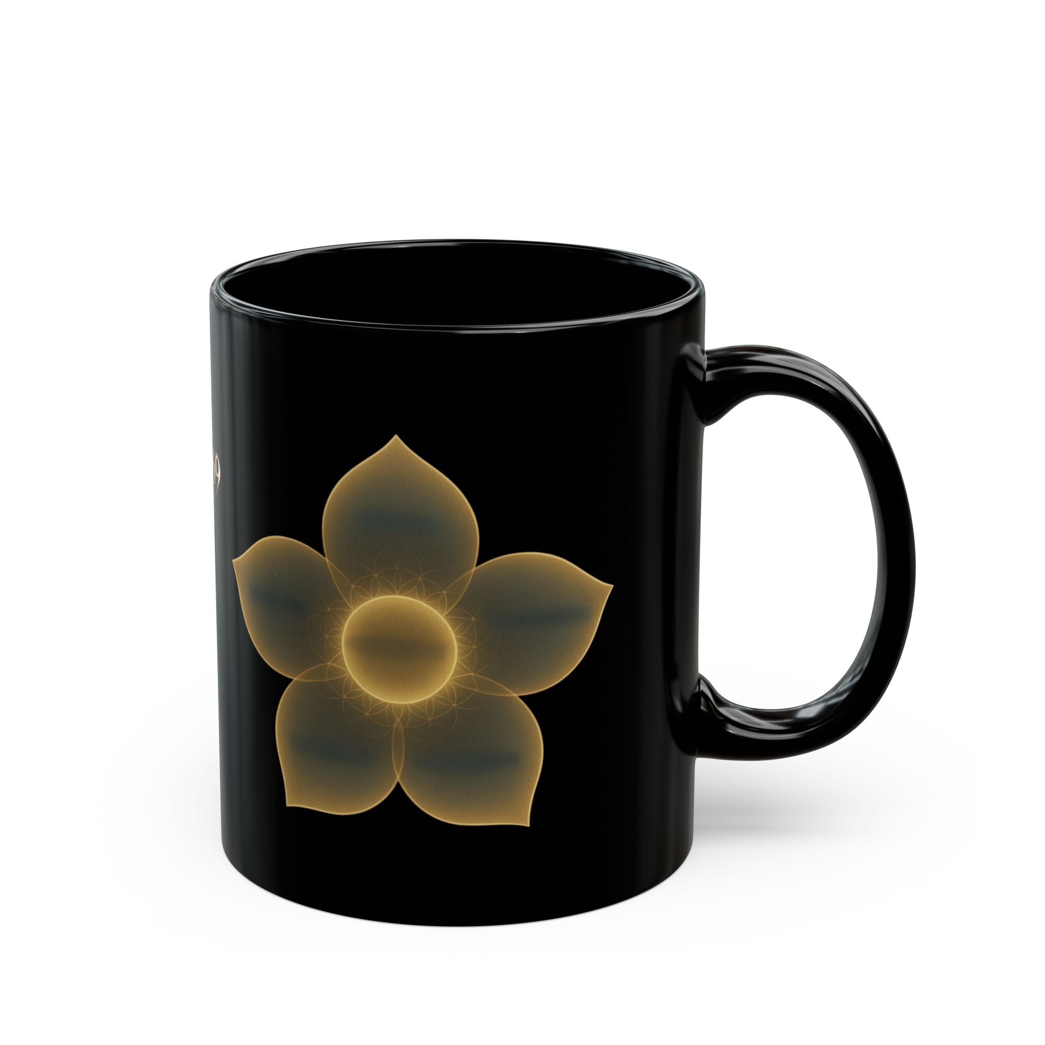 Black Ceramic Mug — Golden Floral Glow "Q@369" Design 11oz
