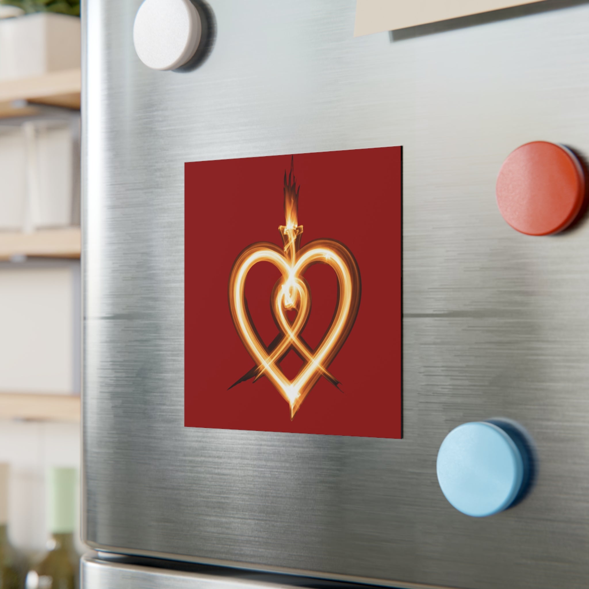 Flaming Heart Square Magnet — Romantic Fire Heart Decor Gift