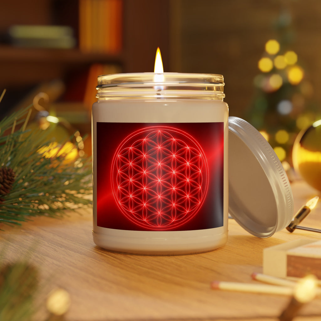 Red Geometric Flower of Life Soy Candle — 9oz Scented Jar with White Lid