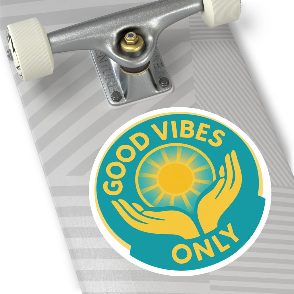Good Vibes Only Round Sticker — Sun & Hands Positive Vinyl Decal (Indoor/Outdoor)