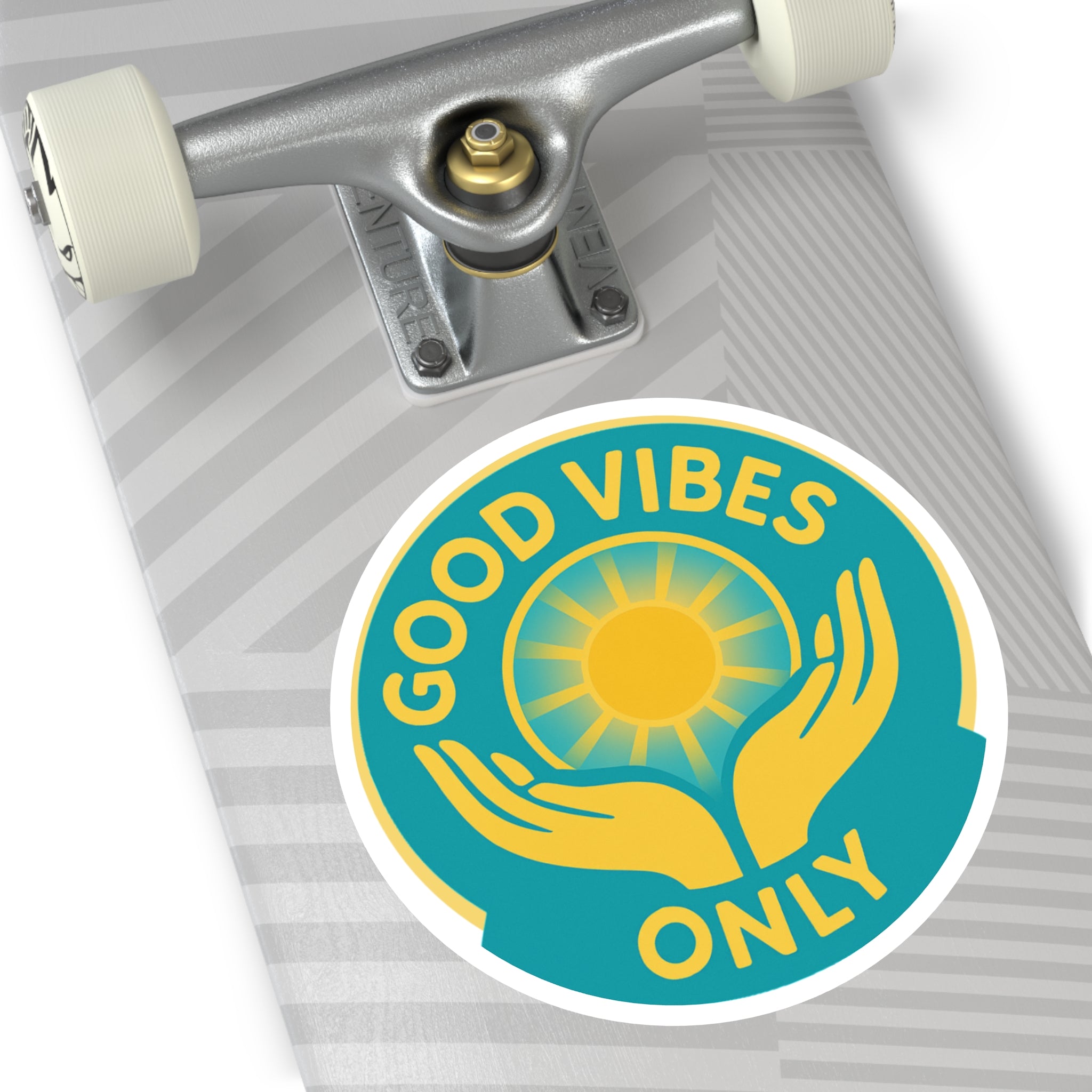 Good Vibes Only Round Sticker — Sun & Hands Positive Vinyl Decal (Indoor/Outdoor)