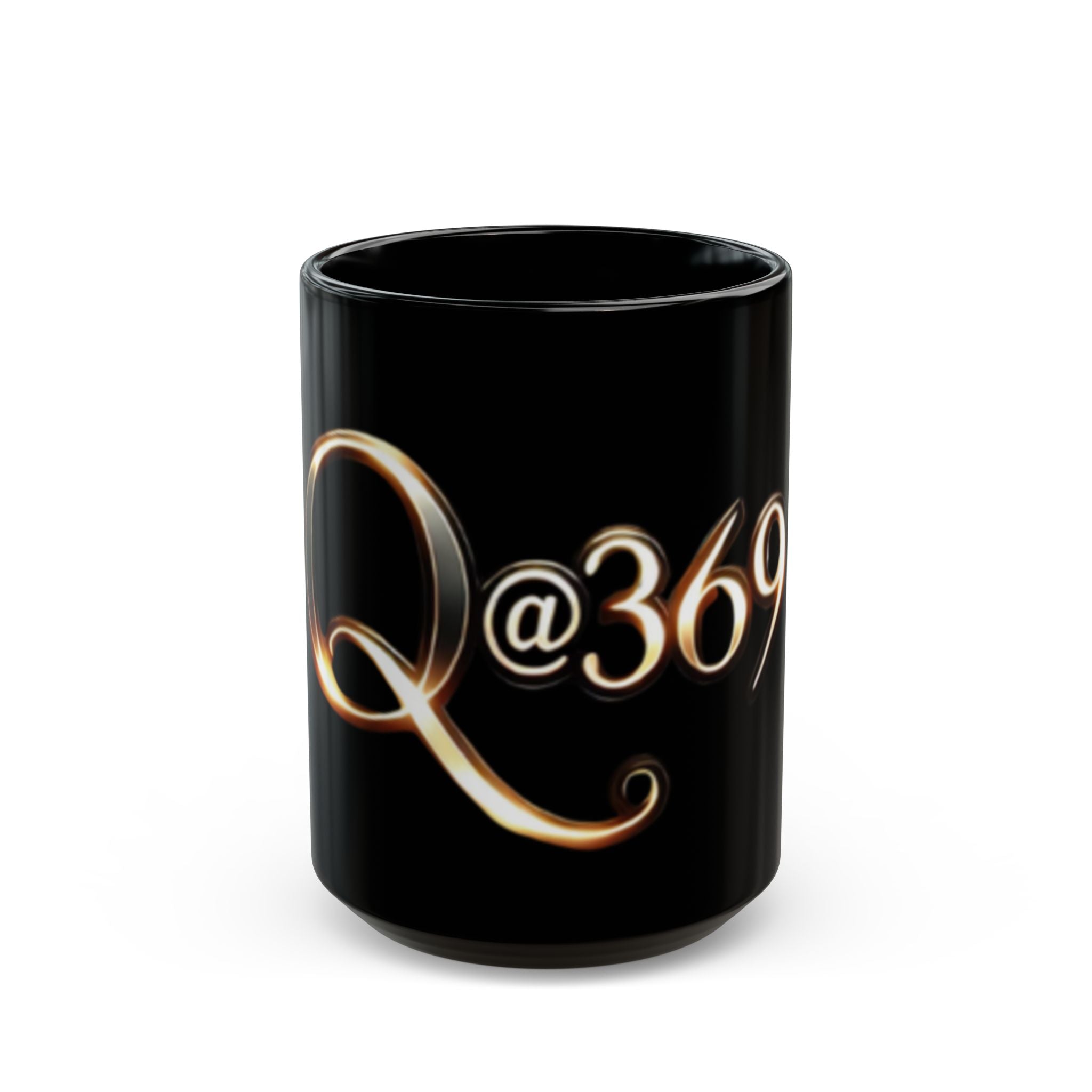 Black Ceramic Mug — Elegant Script "Q@369" Design
