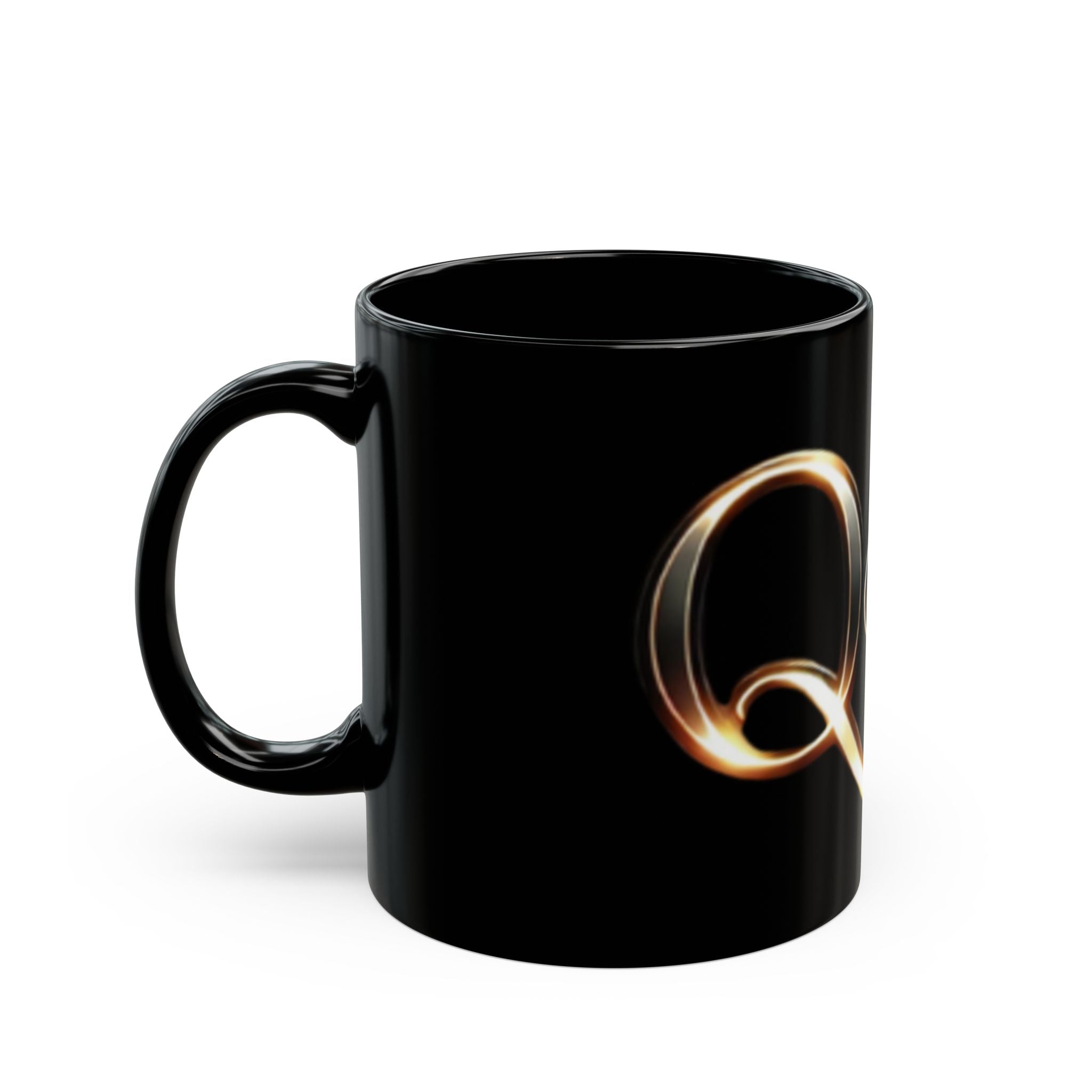 Black Ceramic Mug — Elegant Script "Q@369" Design