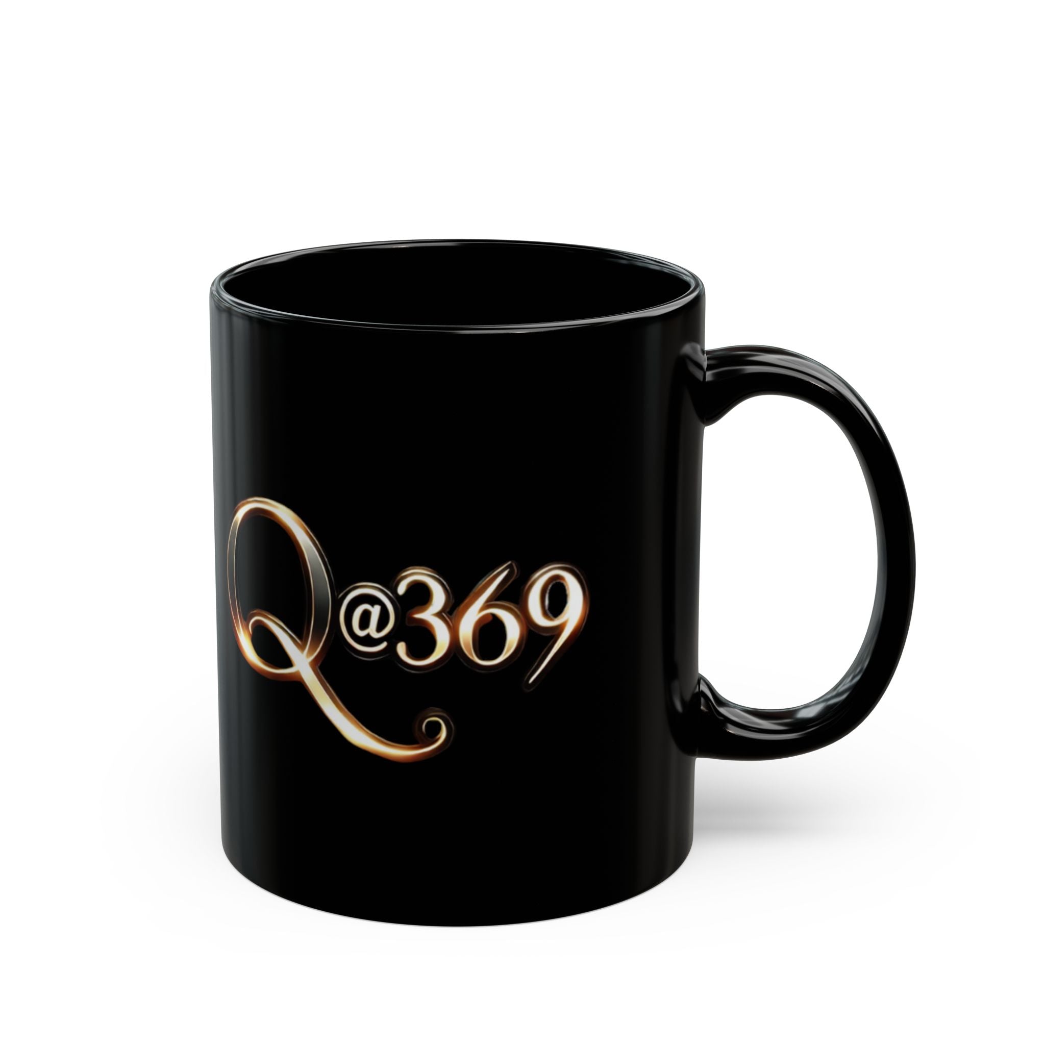 Q@369 Black Ceramic Mug — Elegant Gold Script Coffee Cup (11oz & 15oz)