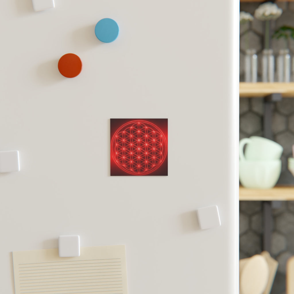 Red Neon Flower of Life Square Magnet — Spiritual Geometry Fridge Magnet