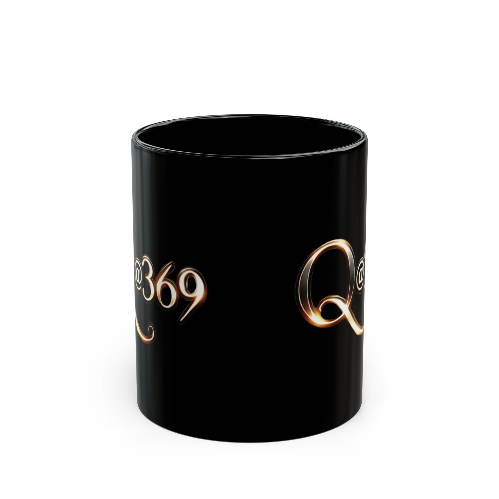 Q@369 Black Ceramic Mug — Elegant Gold Script Coffee Cup (11oz & 15oz)