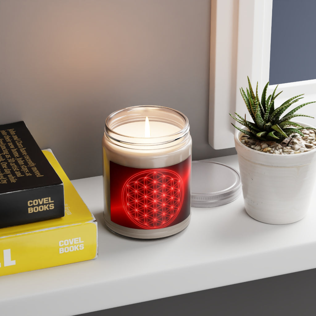 Red Geometric Flower of Life Soy Candle — 9oz Scented Jar with White Lid