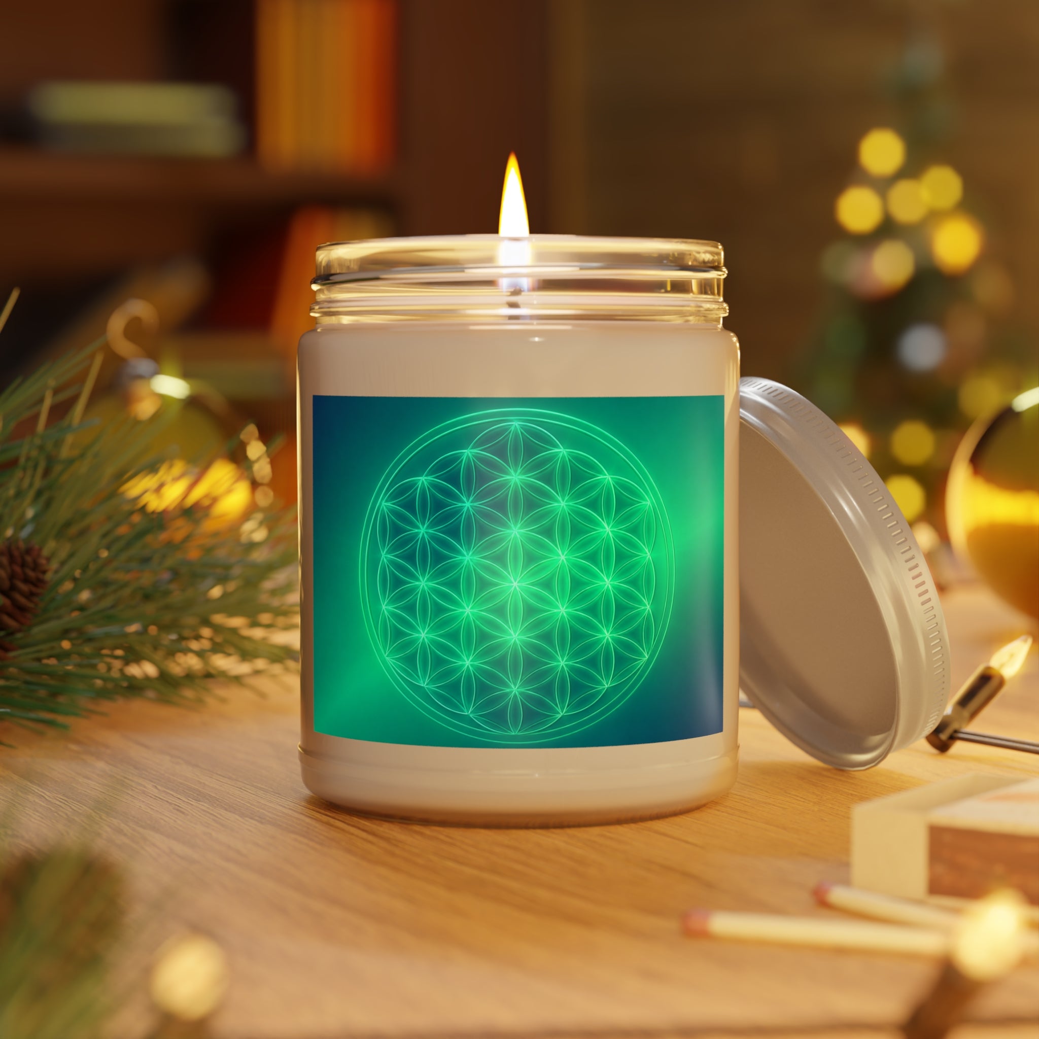 Green Flower of Life Soy Candle — 9 oz Scented Jar with White Lid