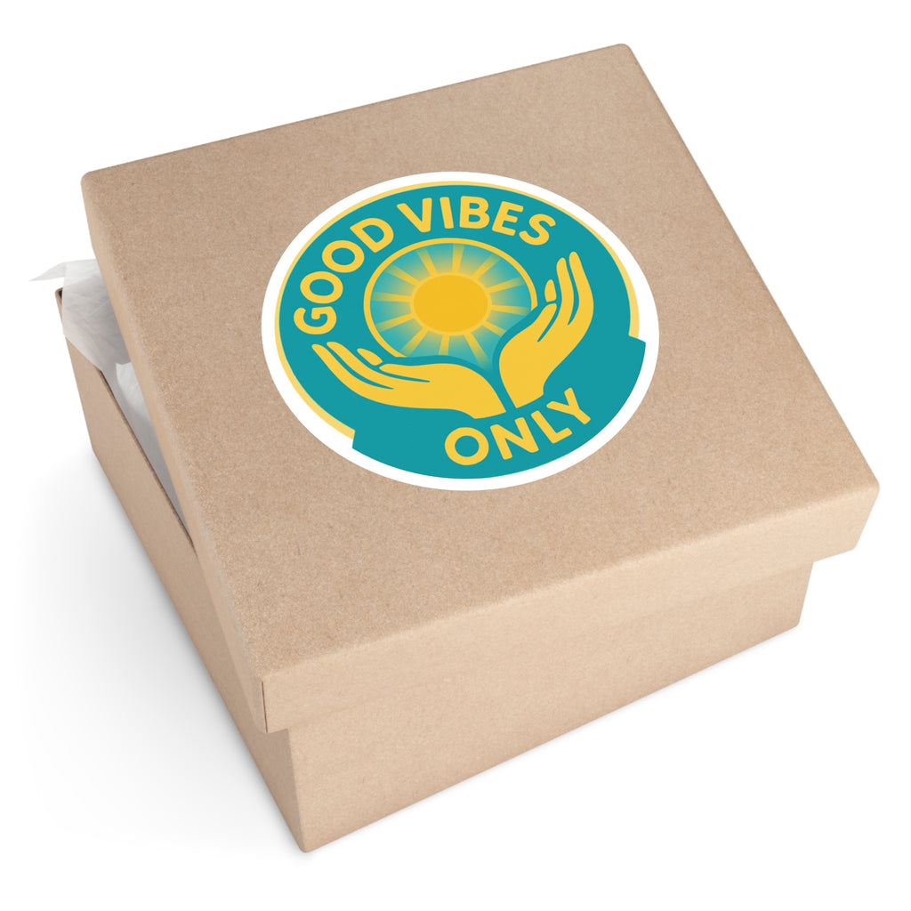 Good Vibes Only Round Sticker — Sun & Hands Positive Vinyl Decal (Indoor/Outdoor)