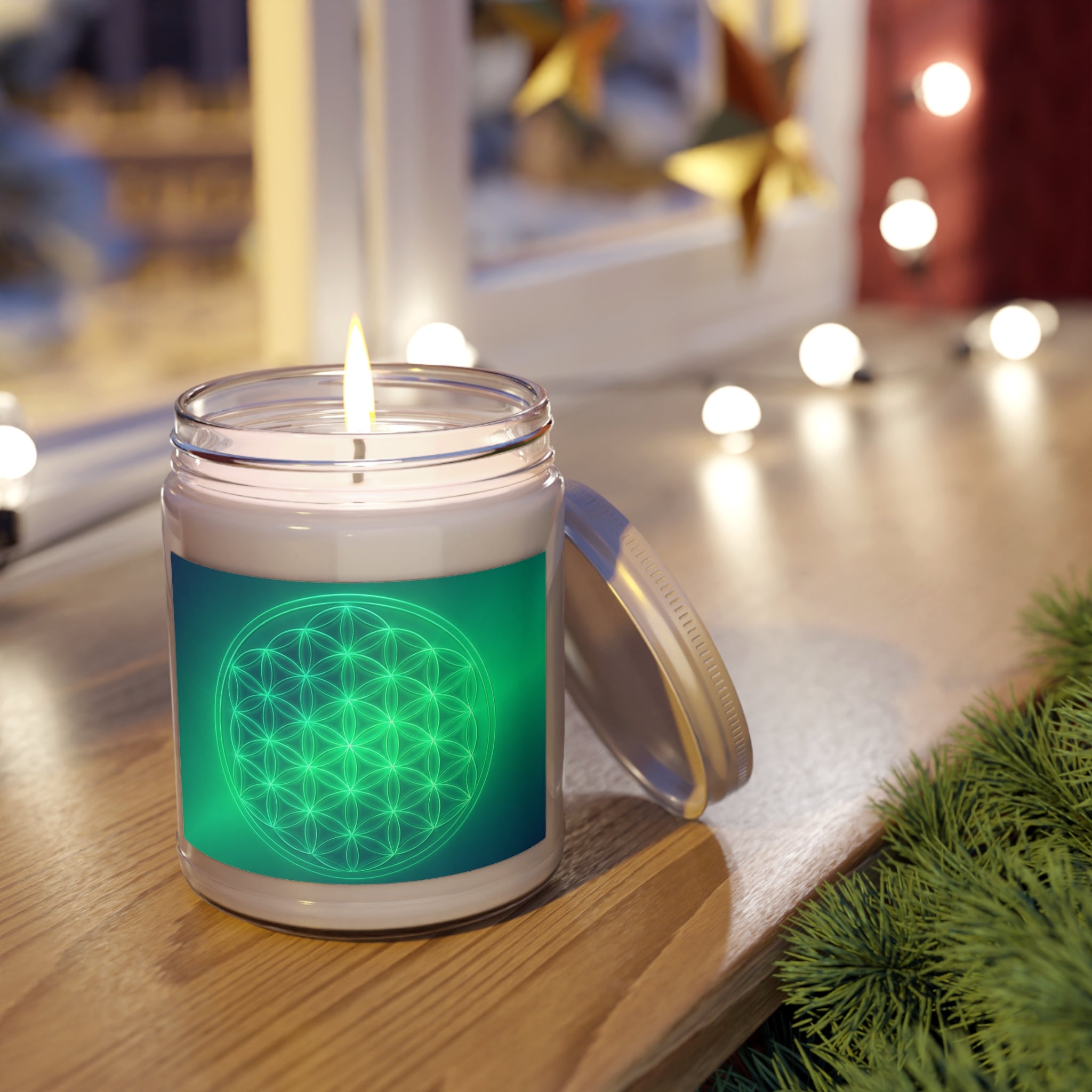 Green Flower of Life Soy Candle — 9 oz Scented Jar with White Lid