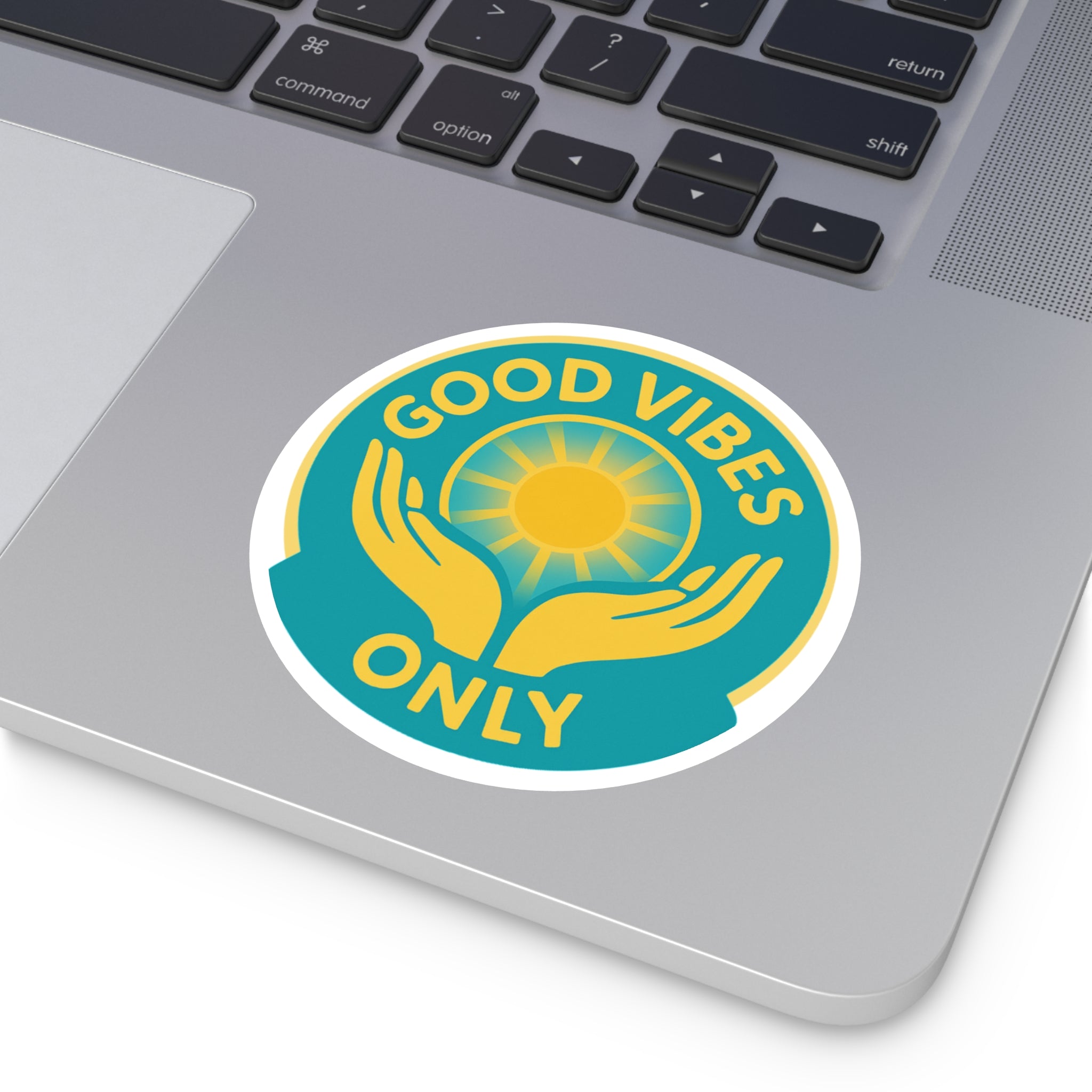 Good Vibes Only Round Sticker — Sun & Hands Positive Vinyl Decal (Indoor/Outdoor)