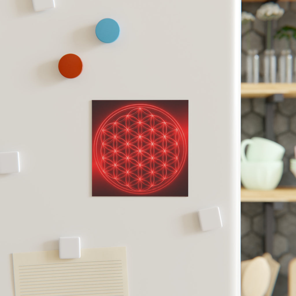 Red Neon Flower of Life Square Magnet — Spiritual Geometry Fridge Magnet