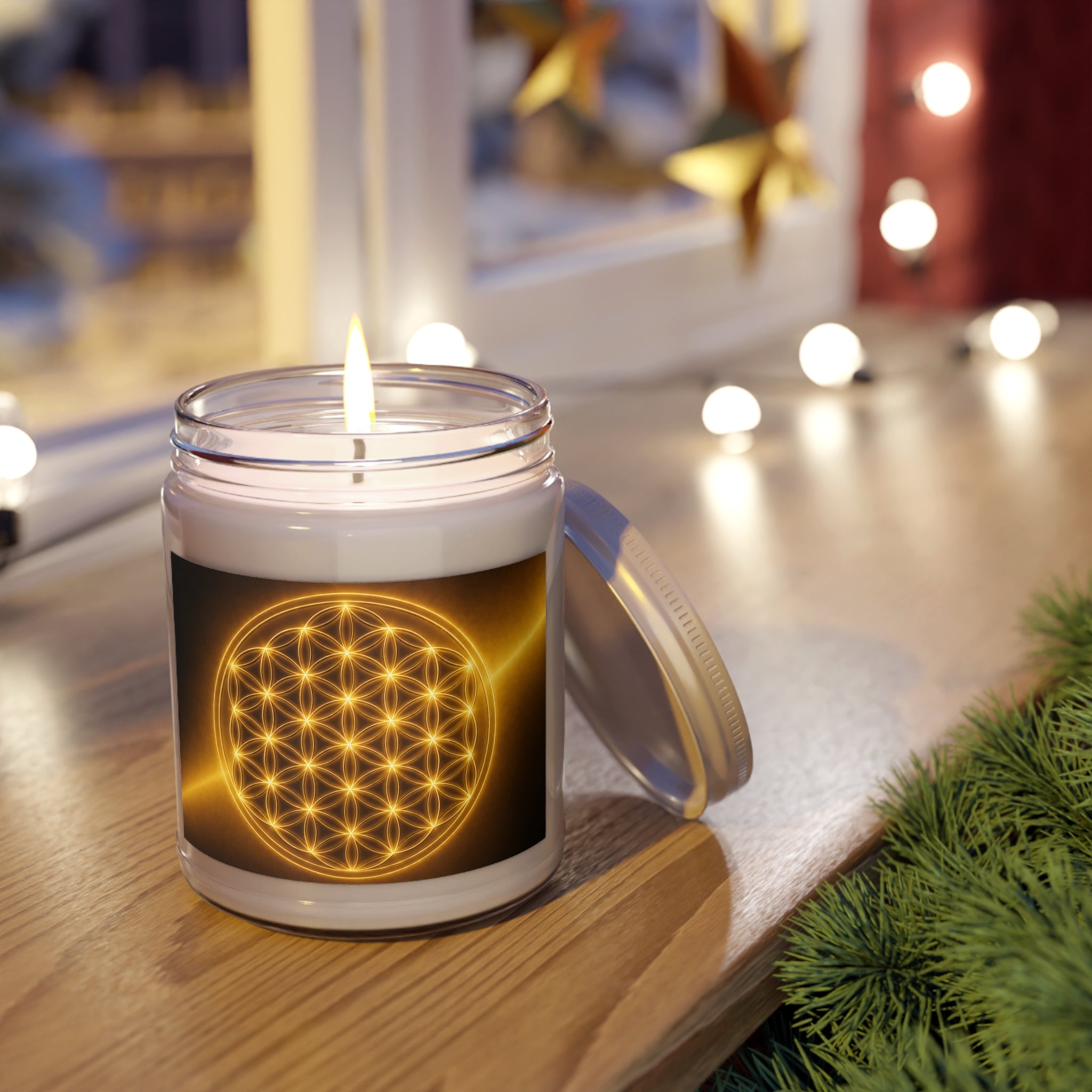 Golden Flower of Life Soy Candle — 9oz Scented Jar with White Lid