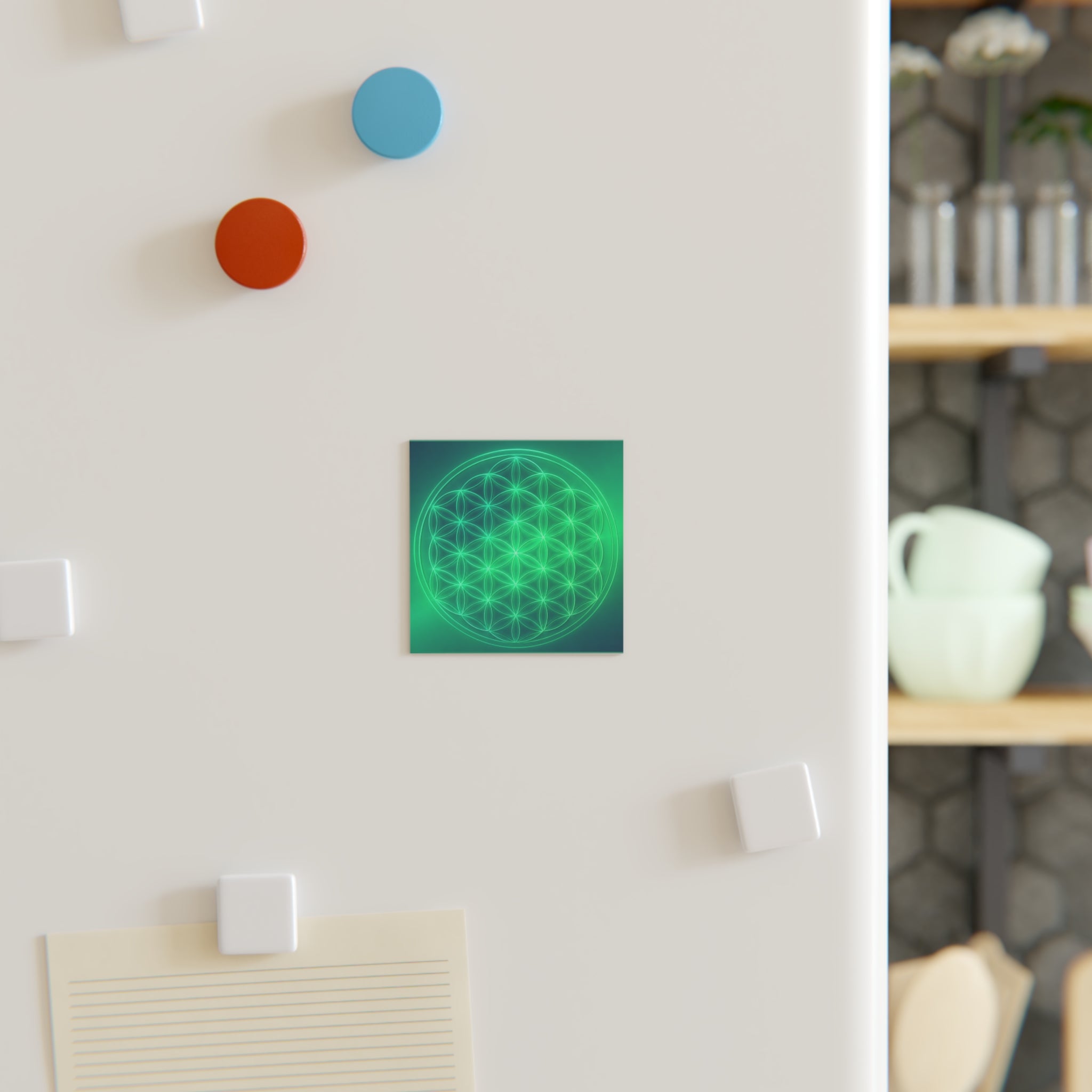 Flower of Life Green Square Magnet — Sacred Geometry Refrigerator Magnet