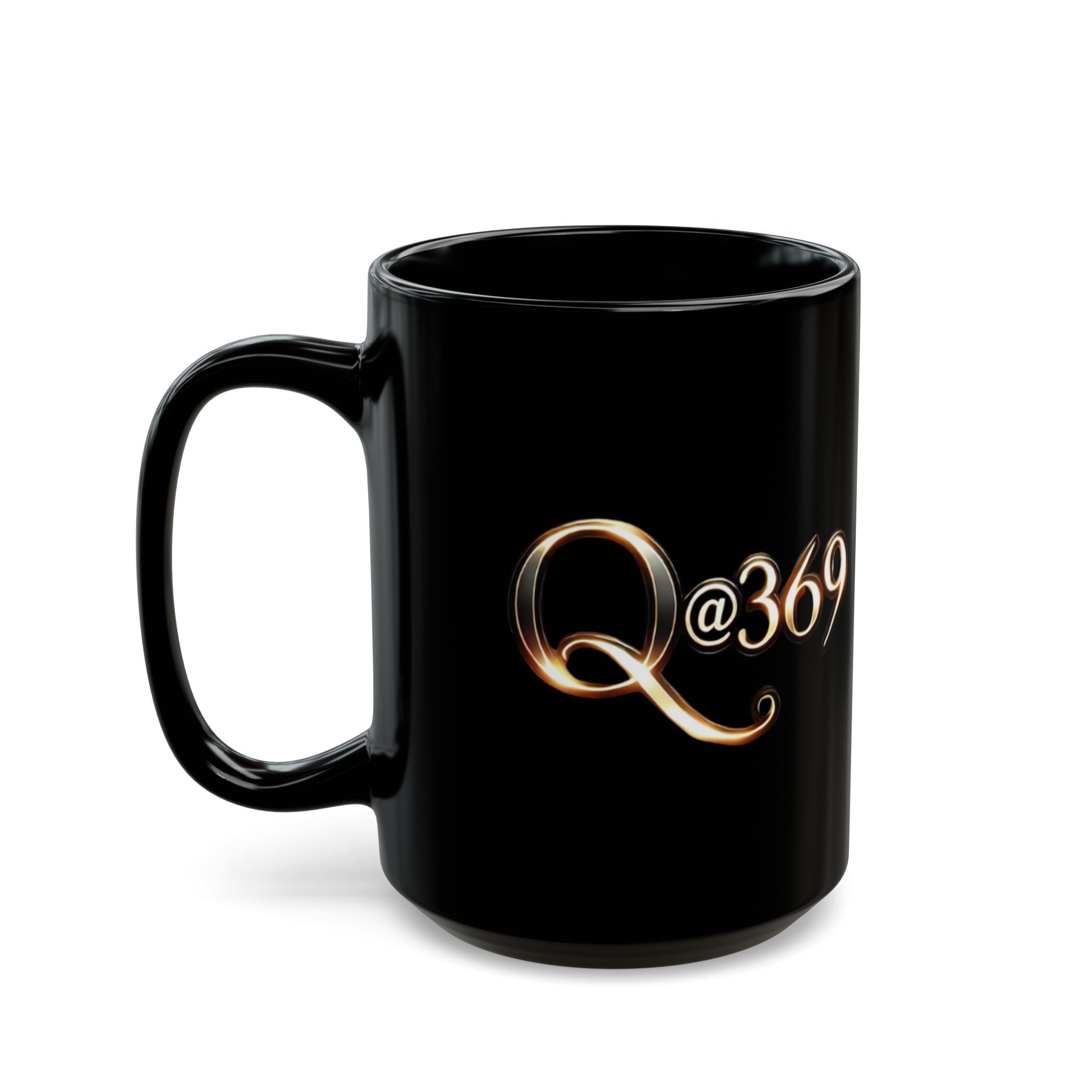 Q@369 Black Ceramic Mug — Elegant Gold Script Coffee Cup (11oz & 15oz)