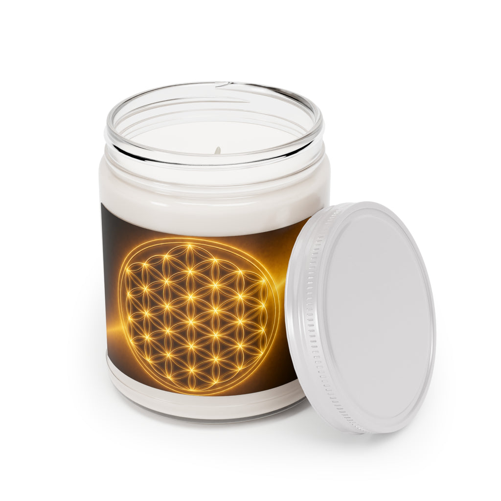 Golden Flower of Life Soy Candle — 9oz Scented Jar with White Lid