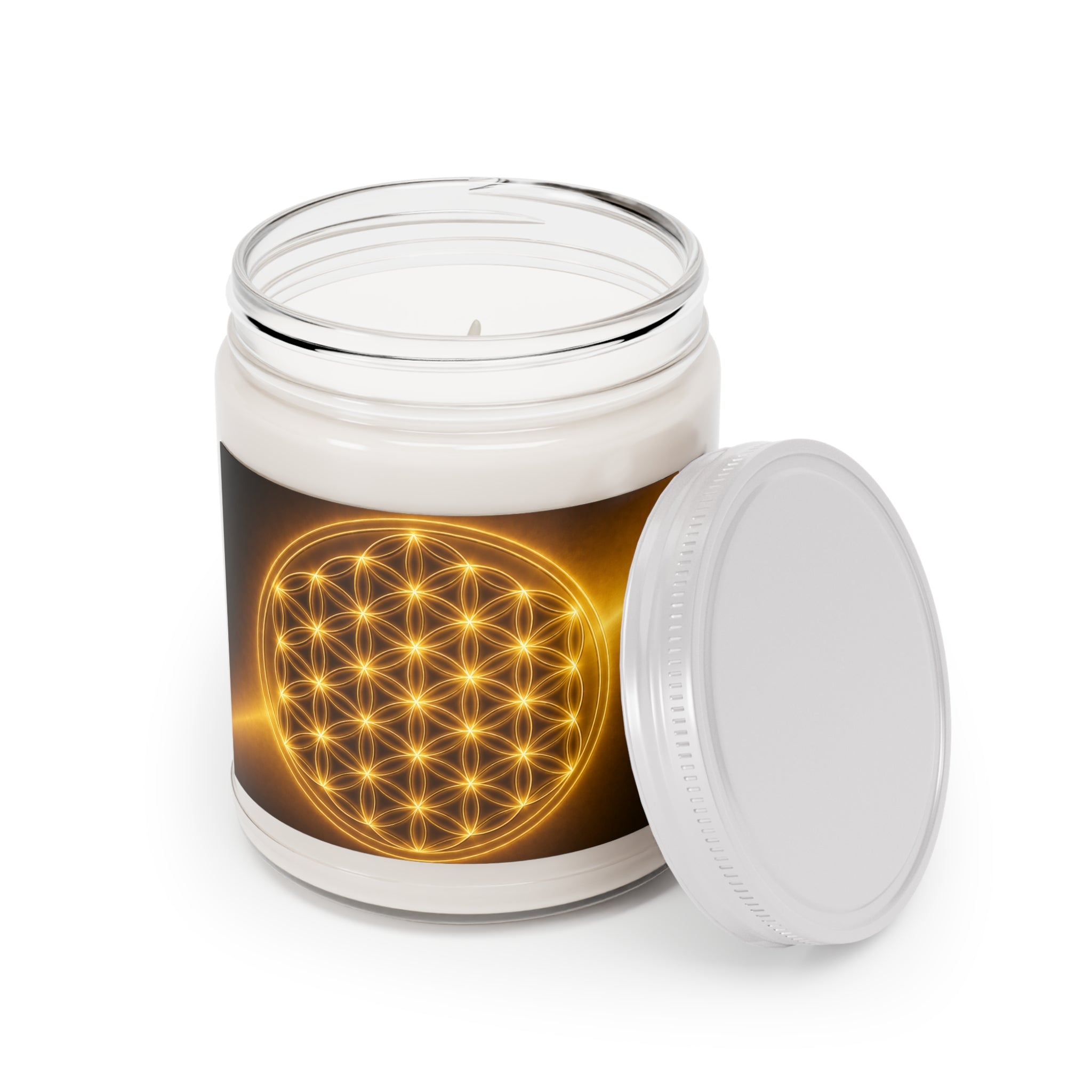 Golden Flower of Life Soy Candle — 9oz Scented Jar with White Lid