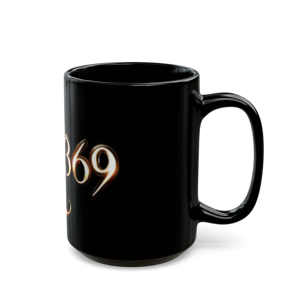Black Ceramic Mug — Elegant Script "Q@369" Design