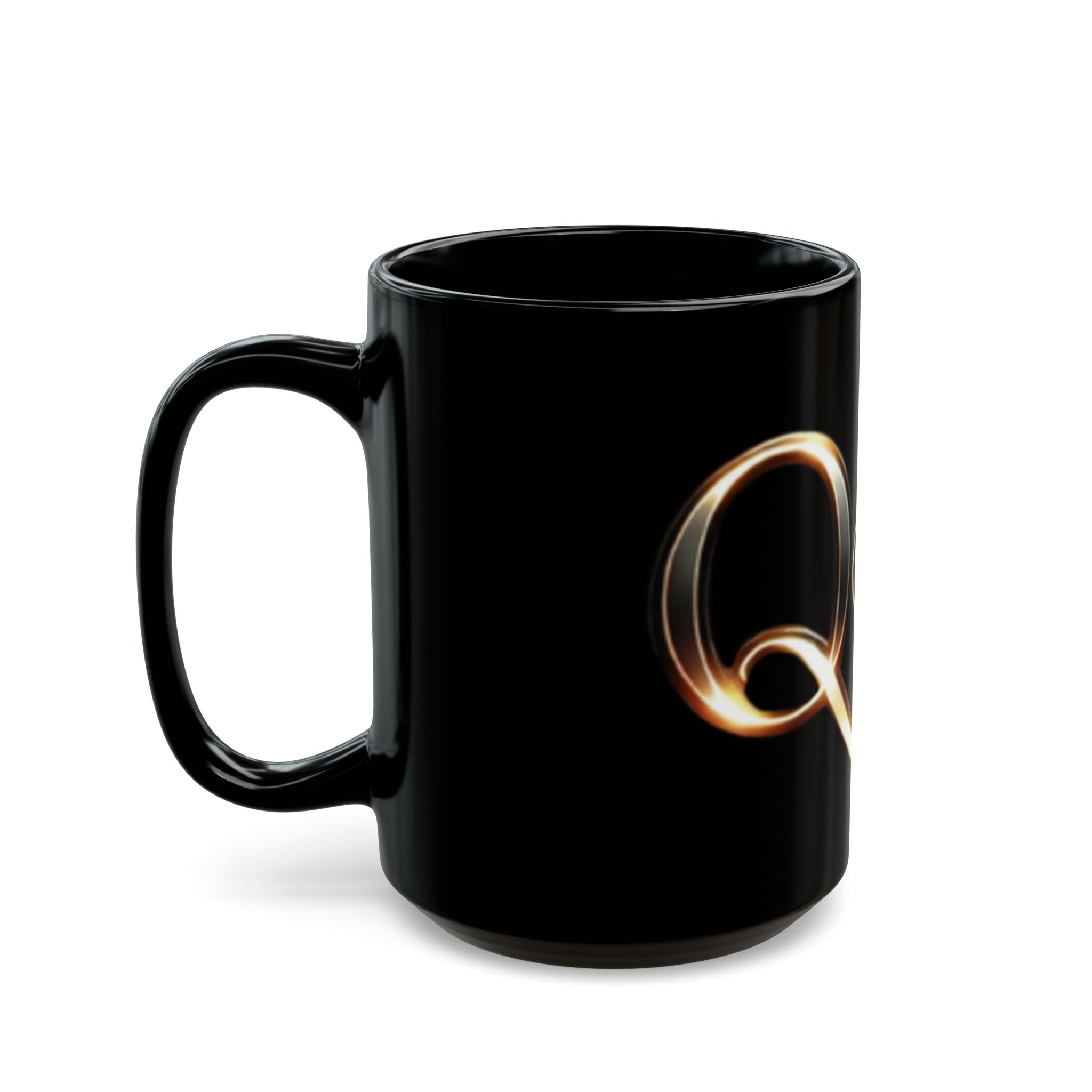 Black Ceramic Mug — Elegant Script "Q@369" Design