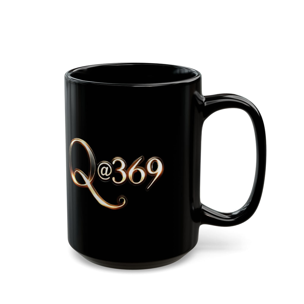 Q@369 Black Ceramic Mug — Elegant Gold Script Coffee Cup (11oz & 15oz)