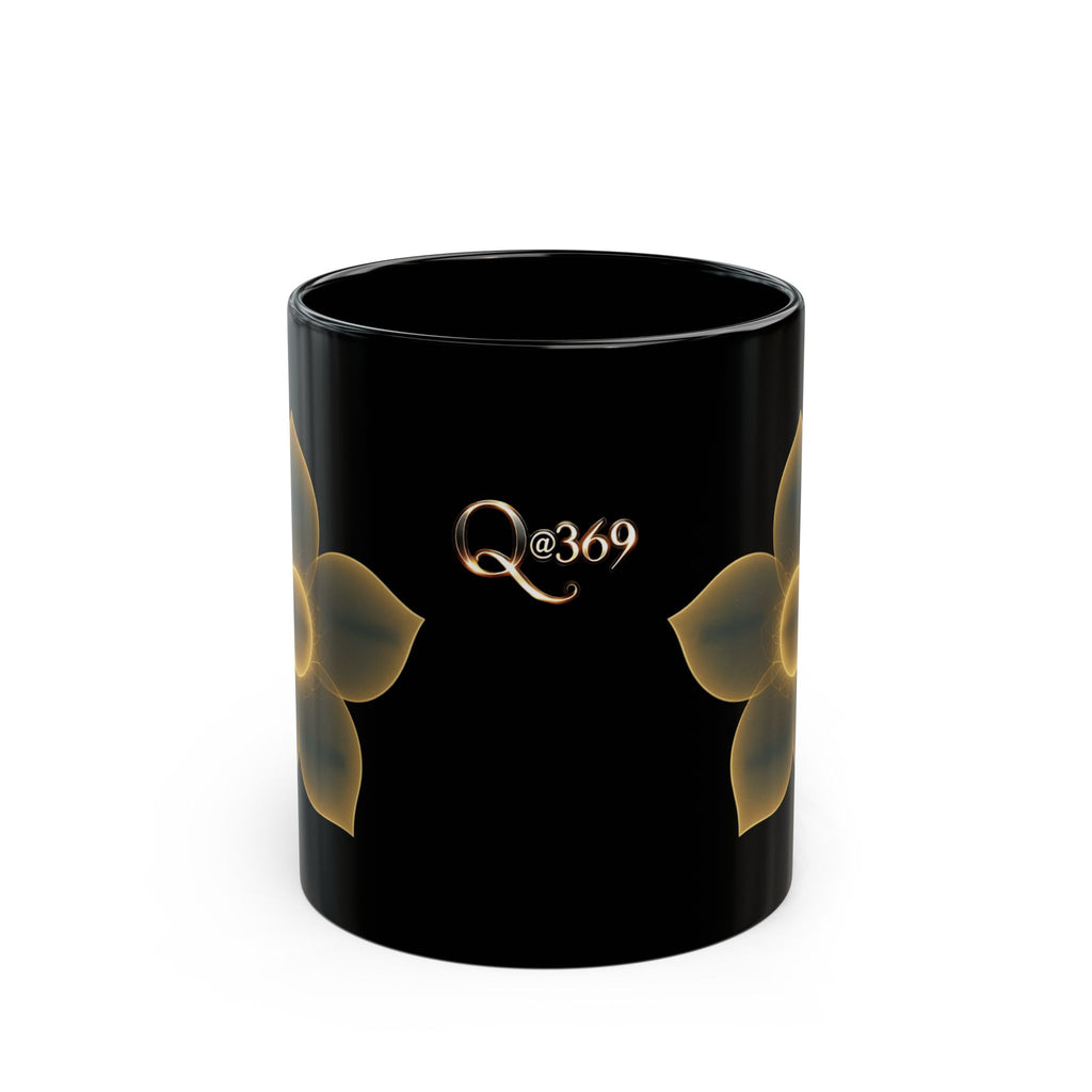 Black Ceramic Mug — Golden Floral Glow "Q@369" Design 11oz