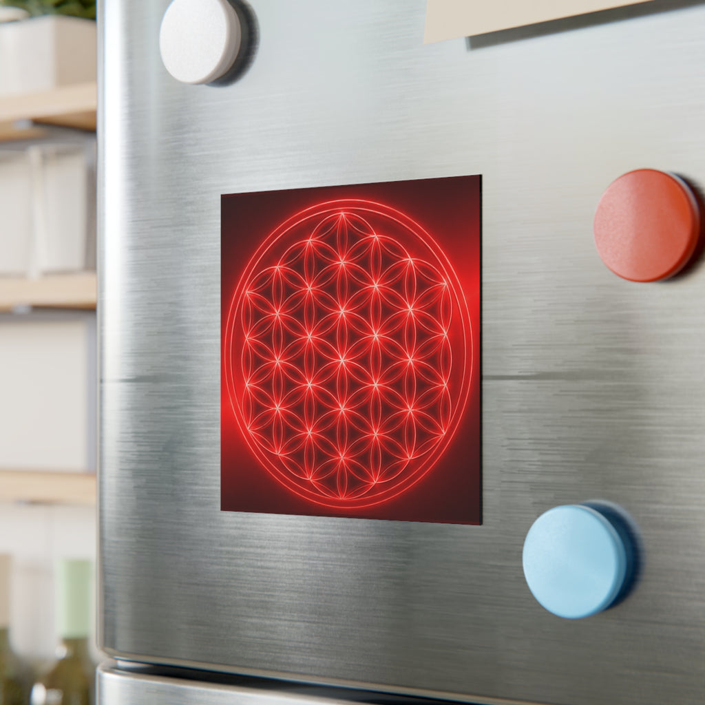 Red Neon Flower of Life Square Magnet — Spiritual Geometry Fridge Magnet