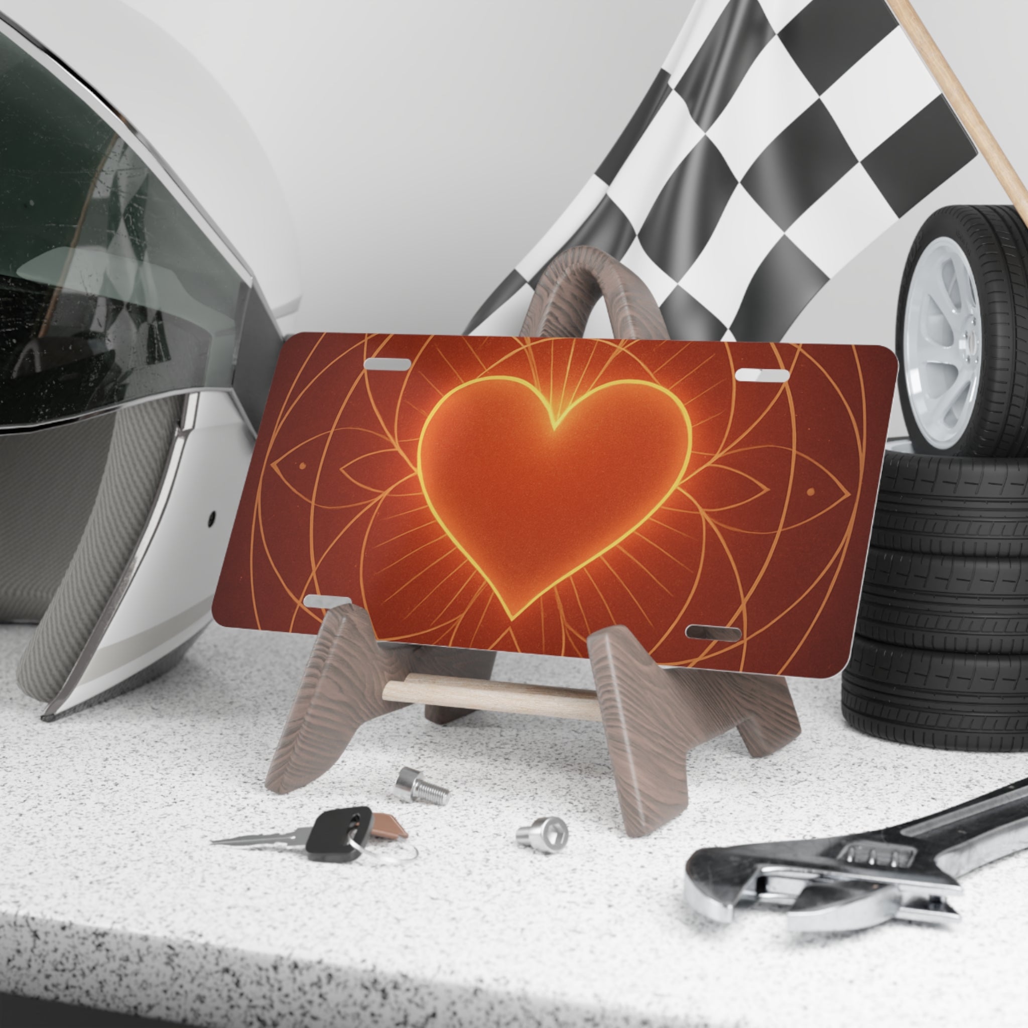 Heart Glow Vanity Plate — Decorative License Plate with Warm Geometric Heart Design